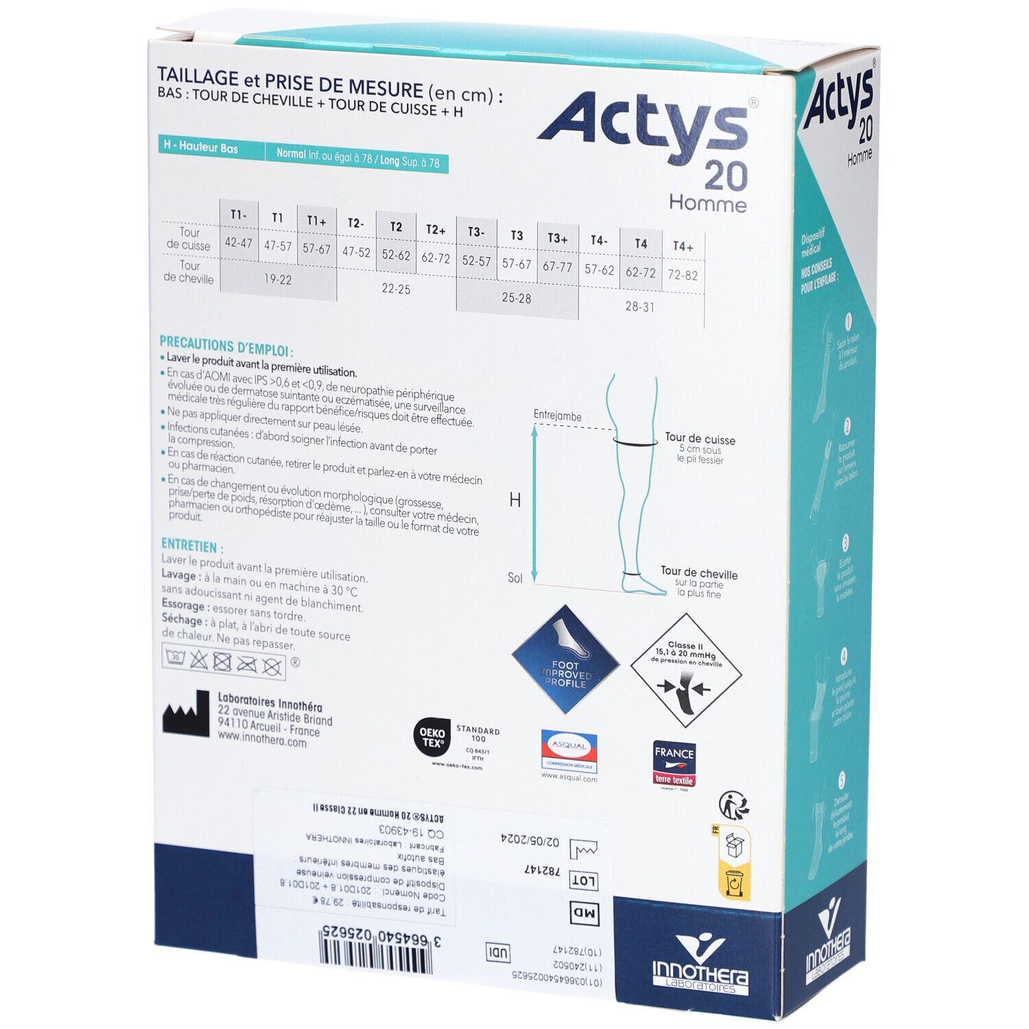 Dos de la boîte ACTYS 20 Homme. Tableau des tailles, instructions d'utilisation, informations fabricant.
