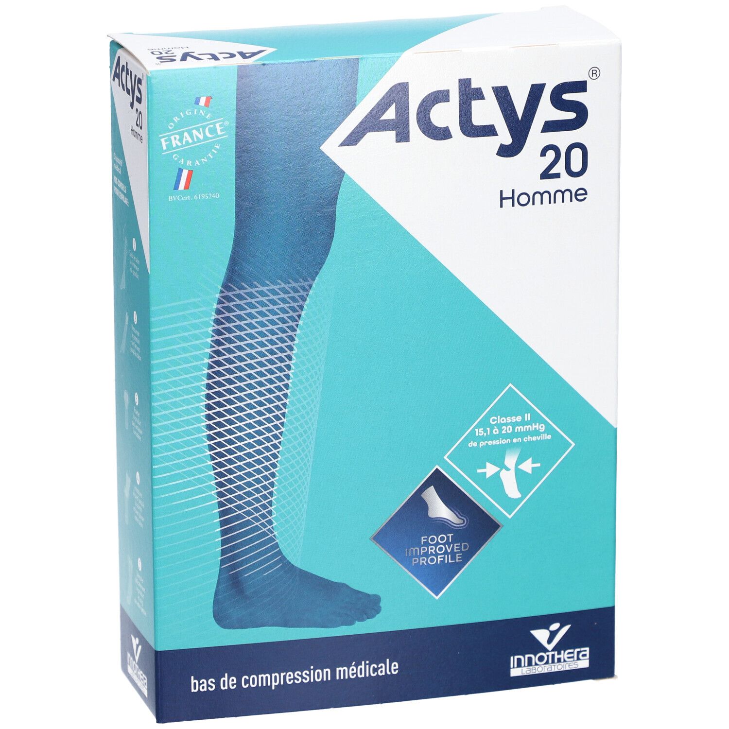 Boîte ACTYS 20 Homme, bas de compression médical. Illustration jambe bleue. Drapeau français.