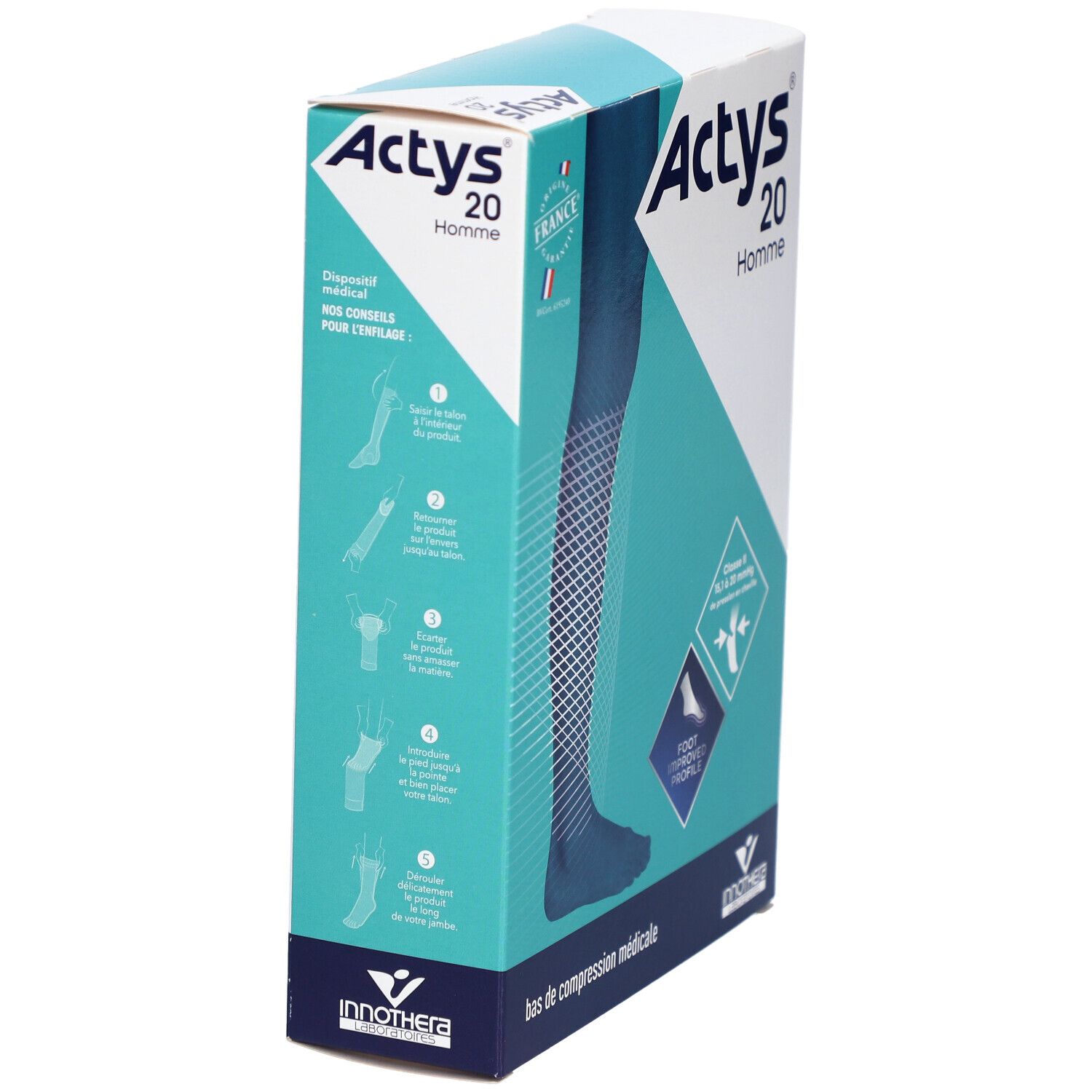 Boîte ACTYS 20 Homme. Bas cuisse médical de compression. Illustration du produit. Drapeau français.