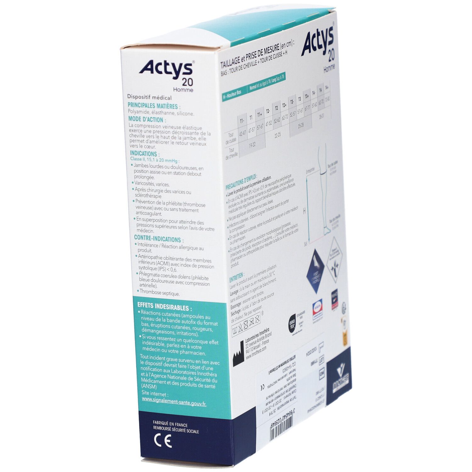 Côté de la boîte ACTYS 20 Homme. Informations produit, instructions d'utilisation, marquage CE, Innothera.