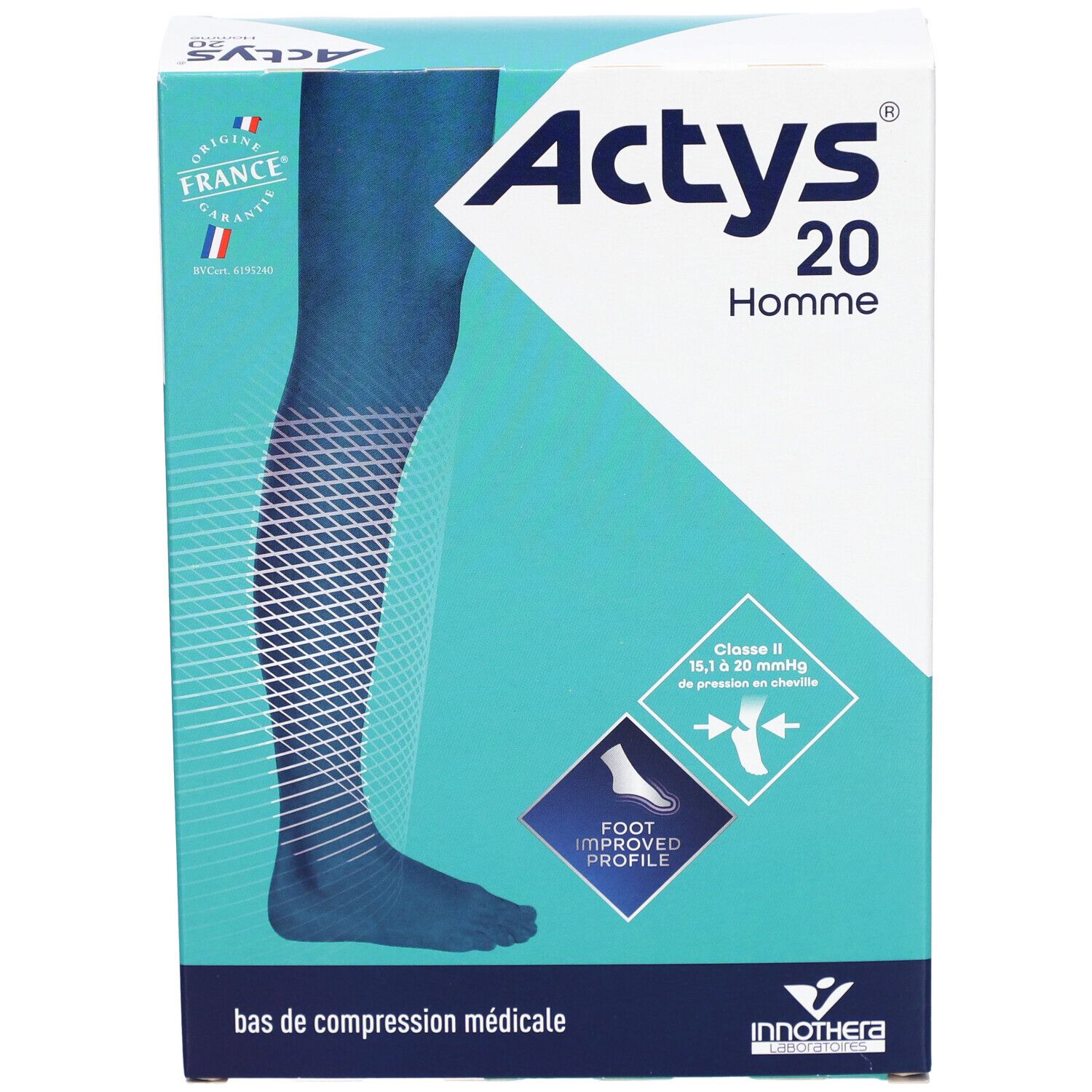Boîte ACTYS 20 Homme. Bas cuisse médical de compression, classe 2. Drapeau français et marquage CE.
