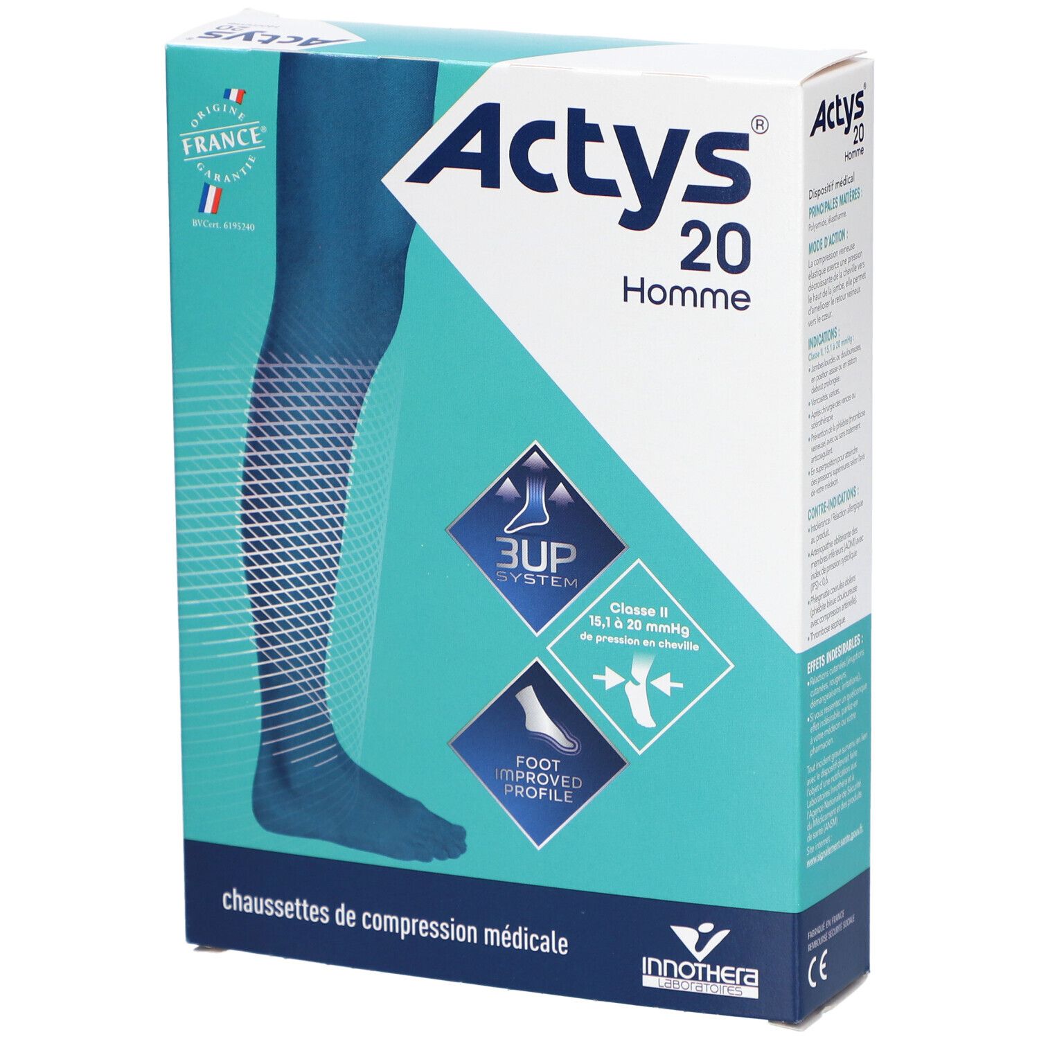 Chaussettes de compression médicale Actys 20 Homme, Classe II, 15-21 mmHg, système 3UP, profil pied amélioré.