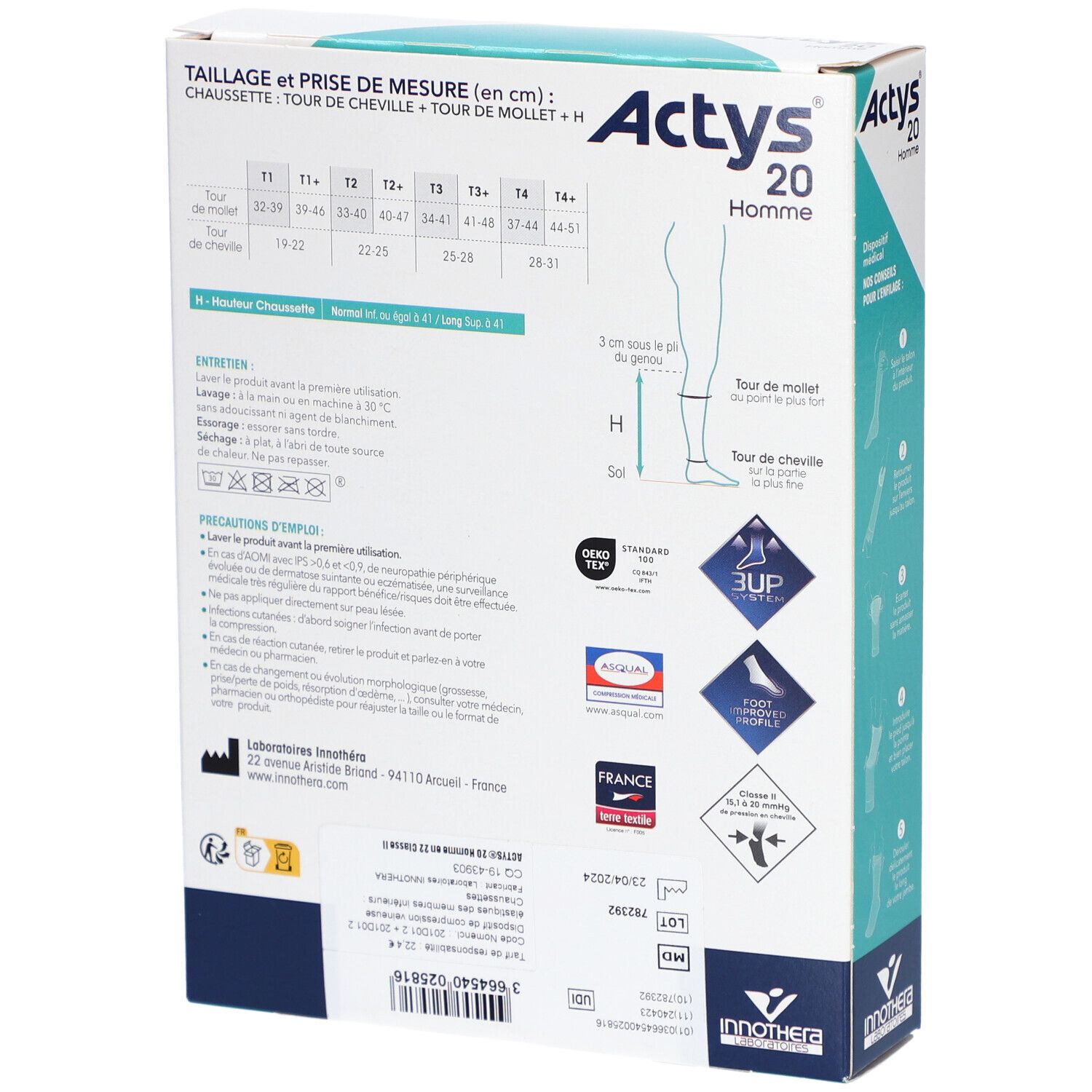 Arrière de la boîte Actys 20 Homme : tableau des tailles, instructions d'application, caractéristiques du produit.