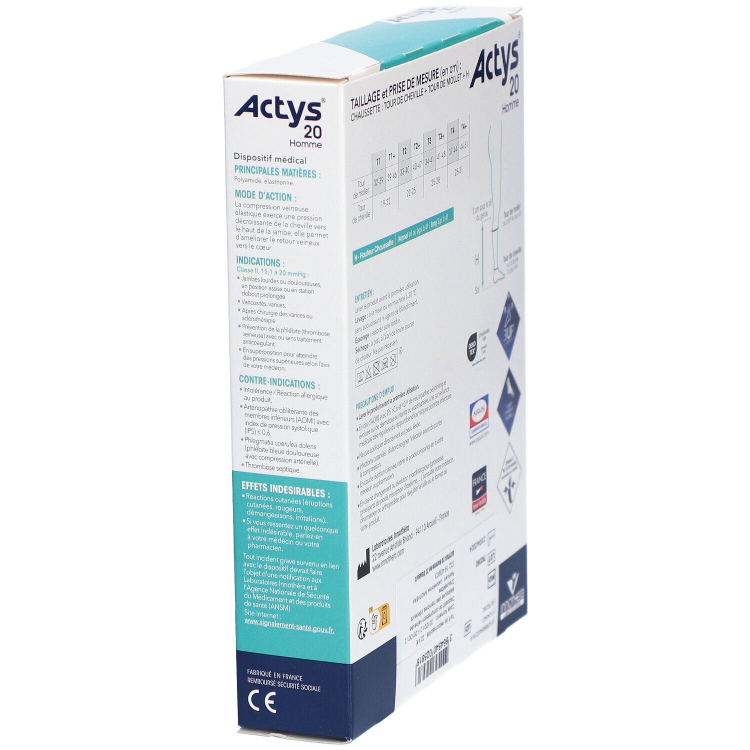Vue latérale de la boîte Actys 20 Homme : informations produit, indications et contre-indications.