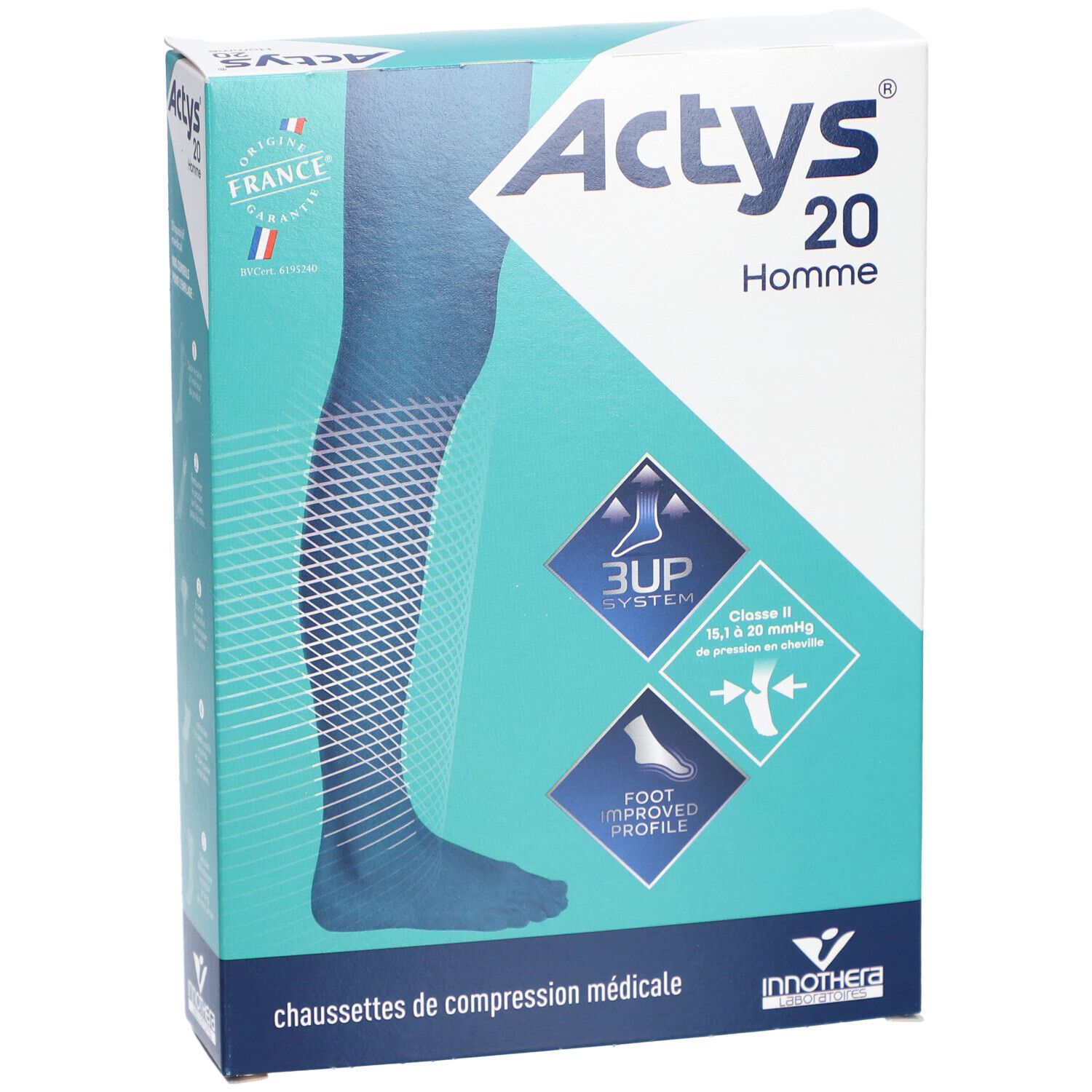 Chaussettes de compression médicale Actys 20 Homme, Classe II, 15-21 mmHg, système 3UP, profil pied amélioré.