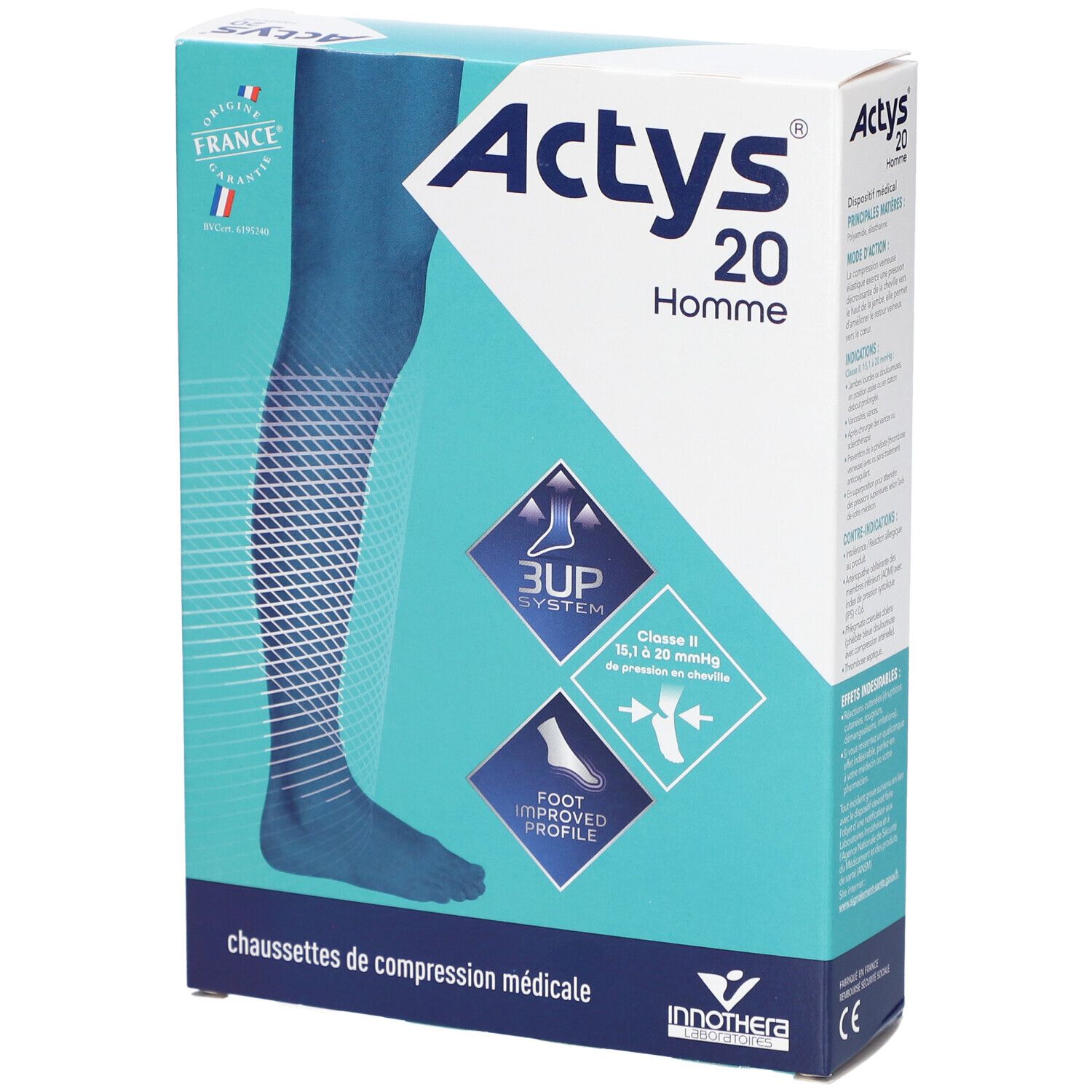 Boîte ACTYS 20 Homme. Illustration d'une jambe en compression. Inscriptions: Chaussettes de compression médicale, 3UP System, Foot Improved Profile.
