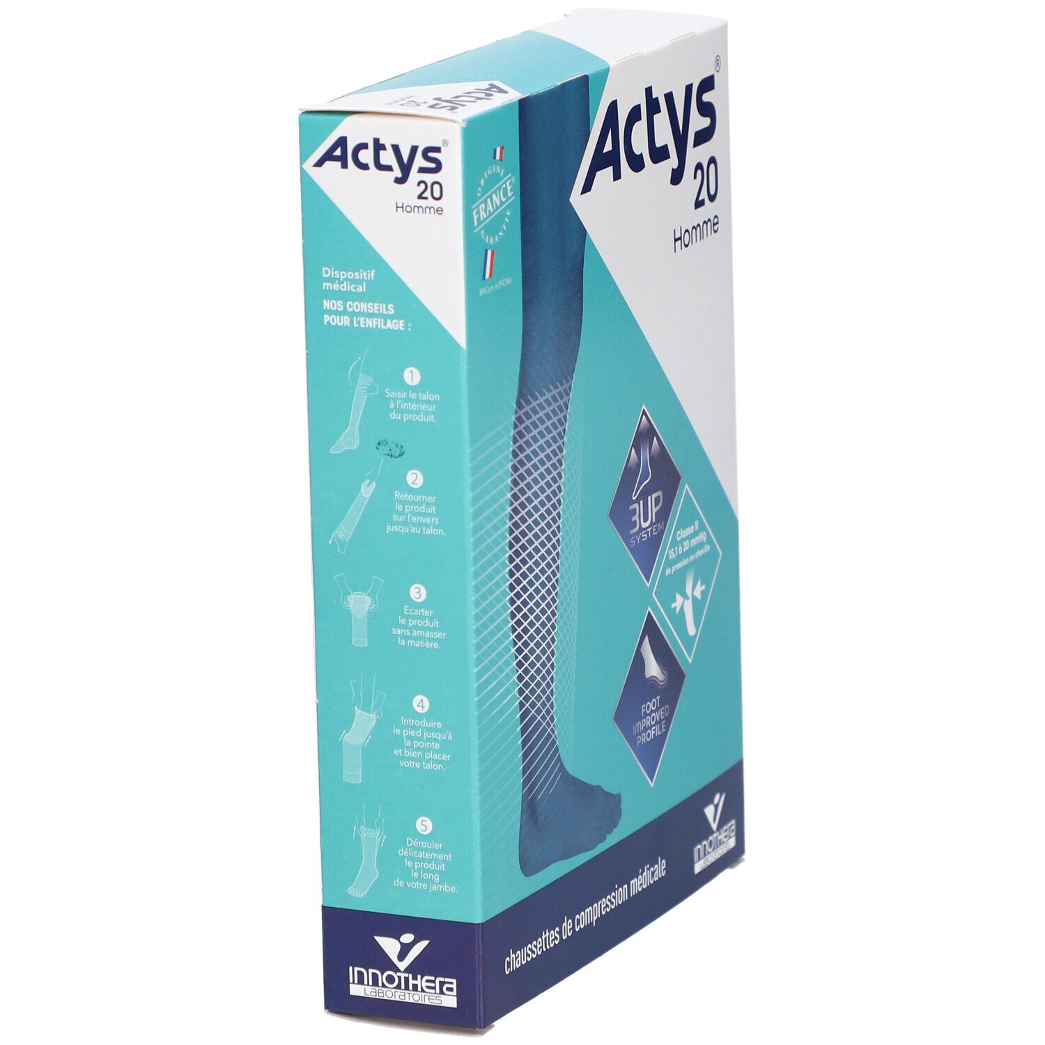 Boîte ACTYS 20 Homme. Illustrations: application des bas de compression. Texte: Chaussettes de compression médicale. 3UP System.