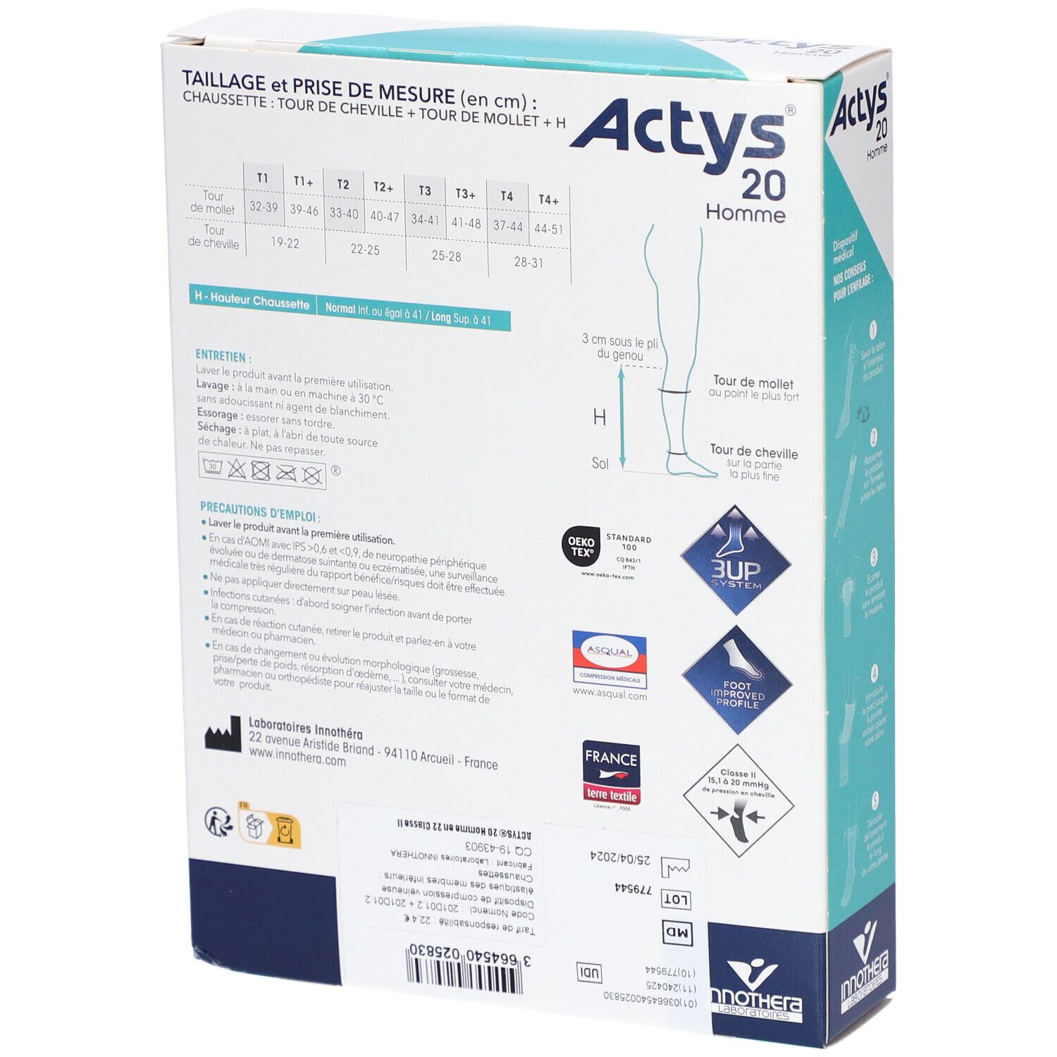 Dos de la boîte ACTYS 20 Homme. Tableau des tailles, instructions de lavage, précautions. Texte: Chaussettes de compression médicale.