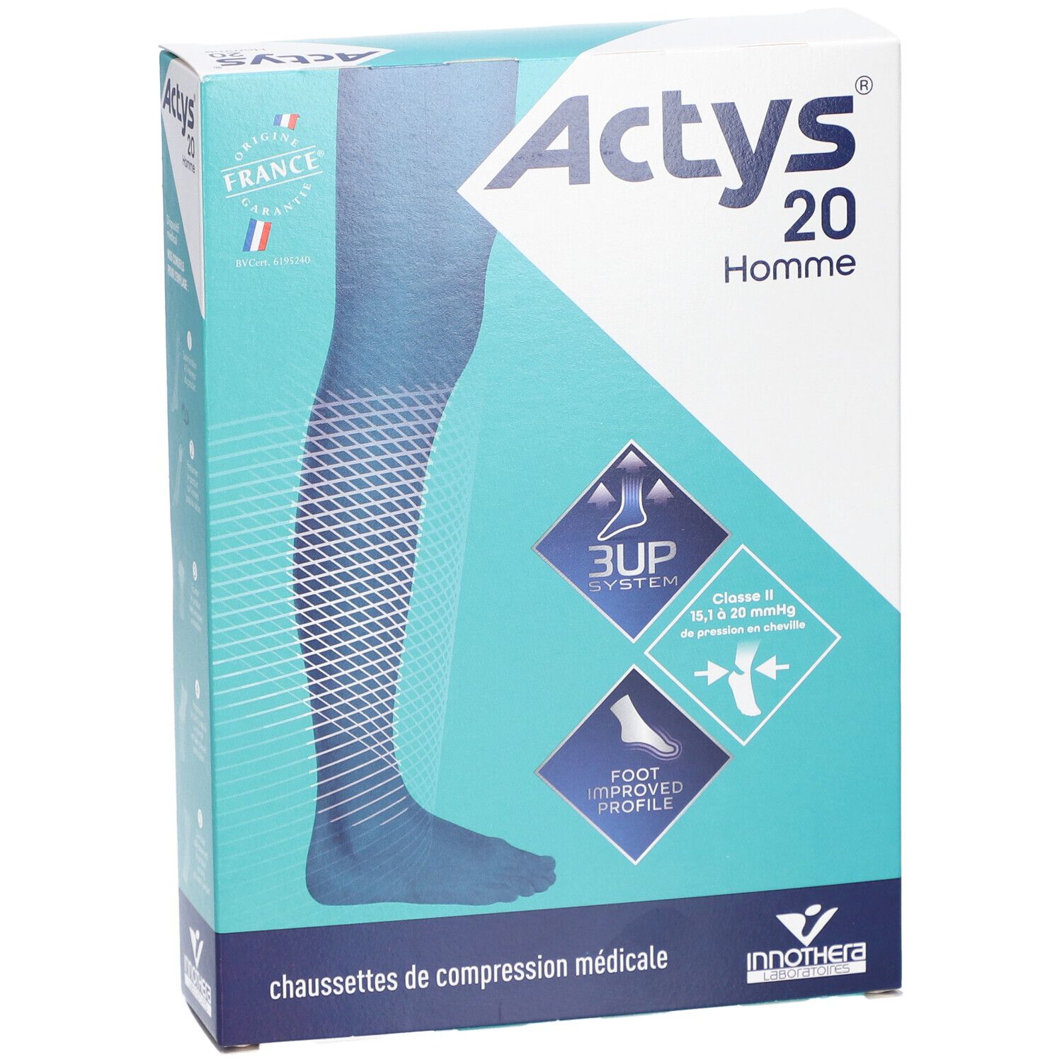 Boîte ACTYS 20 Homme. Illustration d'une jambe avec bas de compression. Texte: Chaussettes de compression médicale, 3UP System.