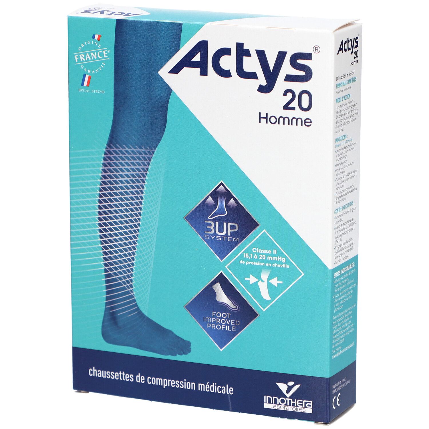 ACTYS 20 PLUS HOMME  - Chaussette médicale de compression, classe 2, pour homme, mollet fo