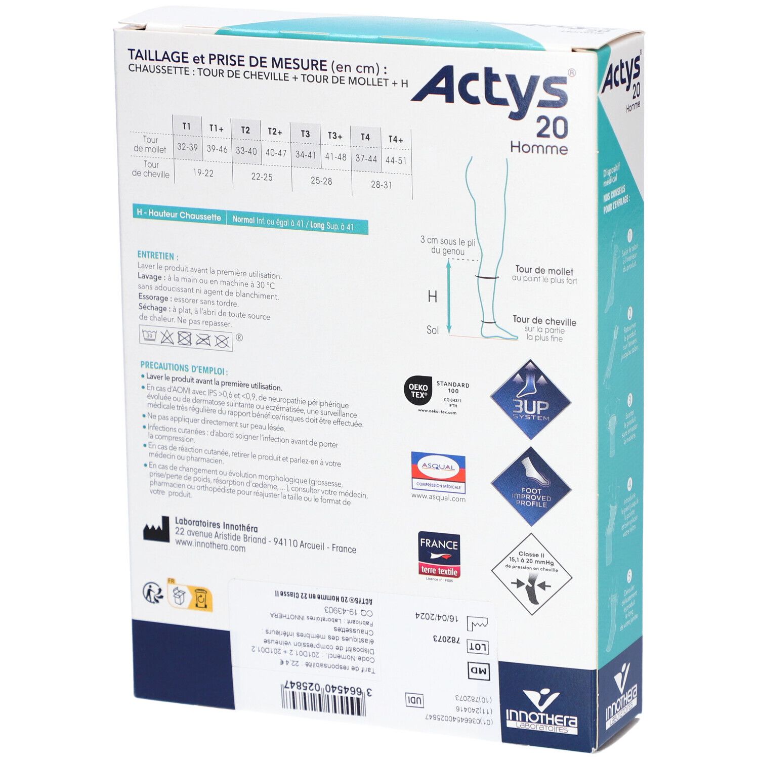 ACTYS 20 PLUS HOMME  - Chaussette médicale de compression, classe 2, pour homme, mollet fo
