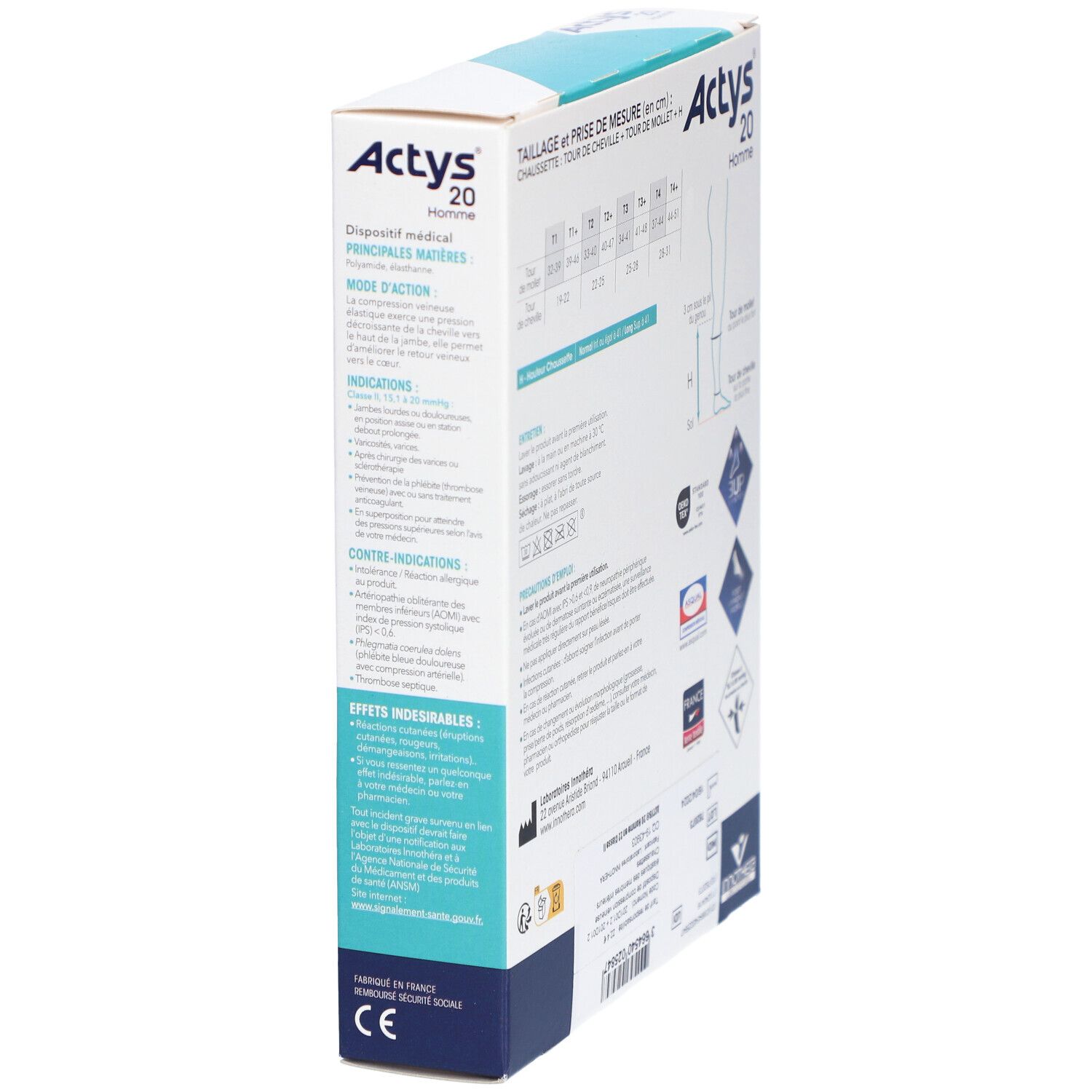 ACTYS 20 PLUS HOMME  - Chaussette médicale de compression, classe 2, pour homme, mollet fo