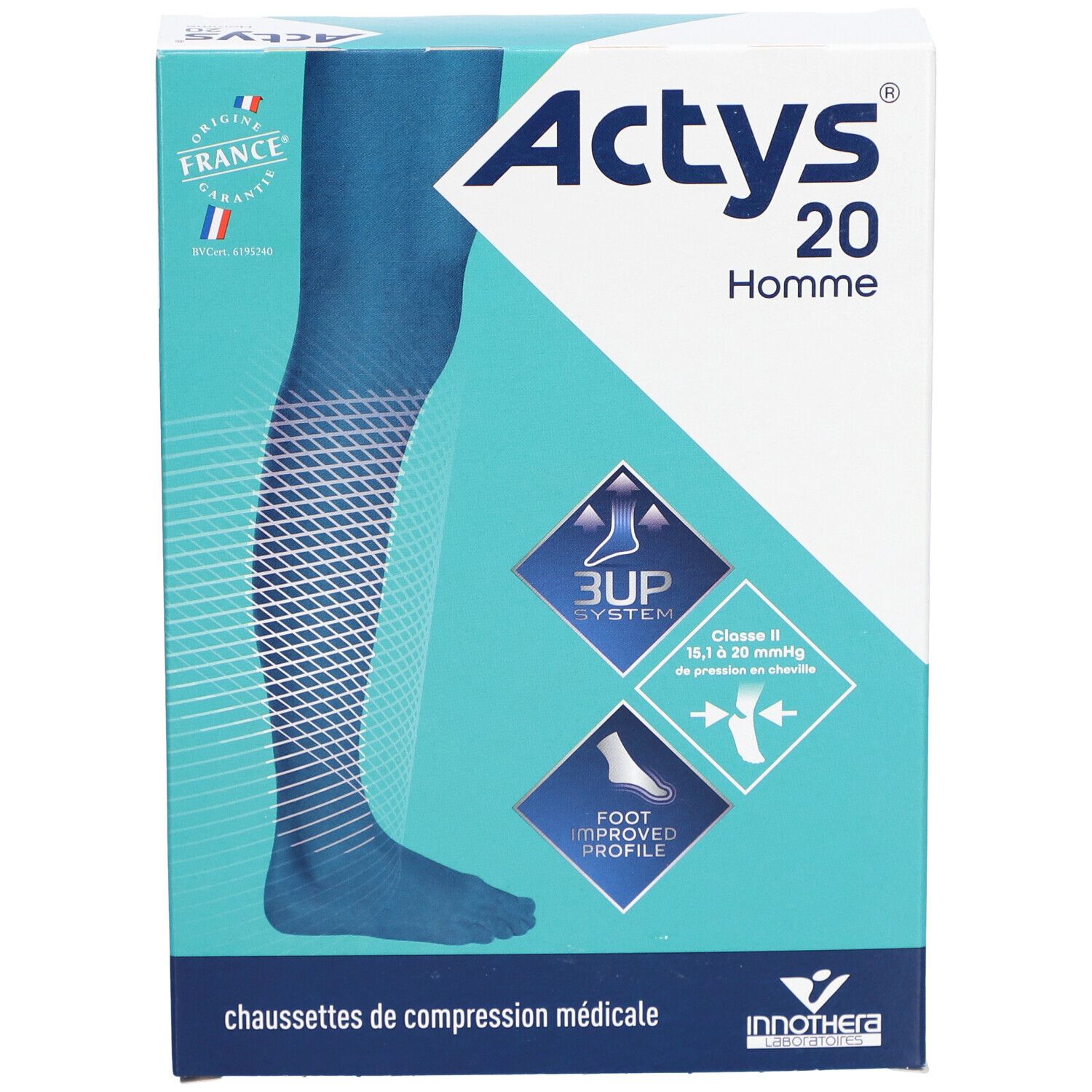 ACTYS 20 PLUS HOMME  - Chaussette médicale de compression, classe 2, pour homme, mollet fo