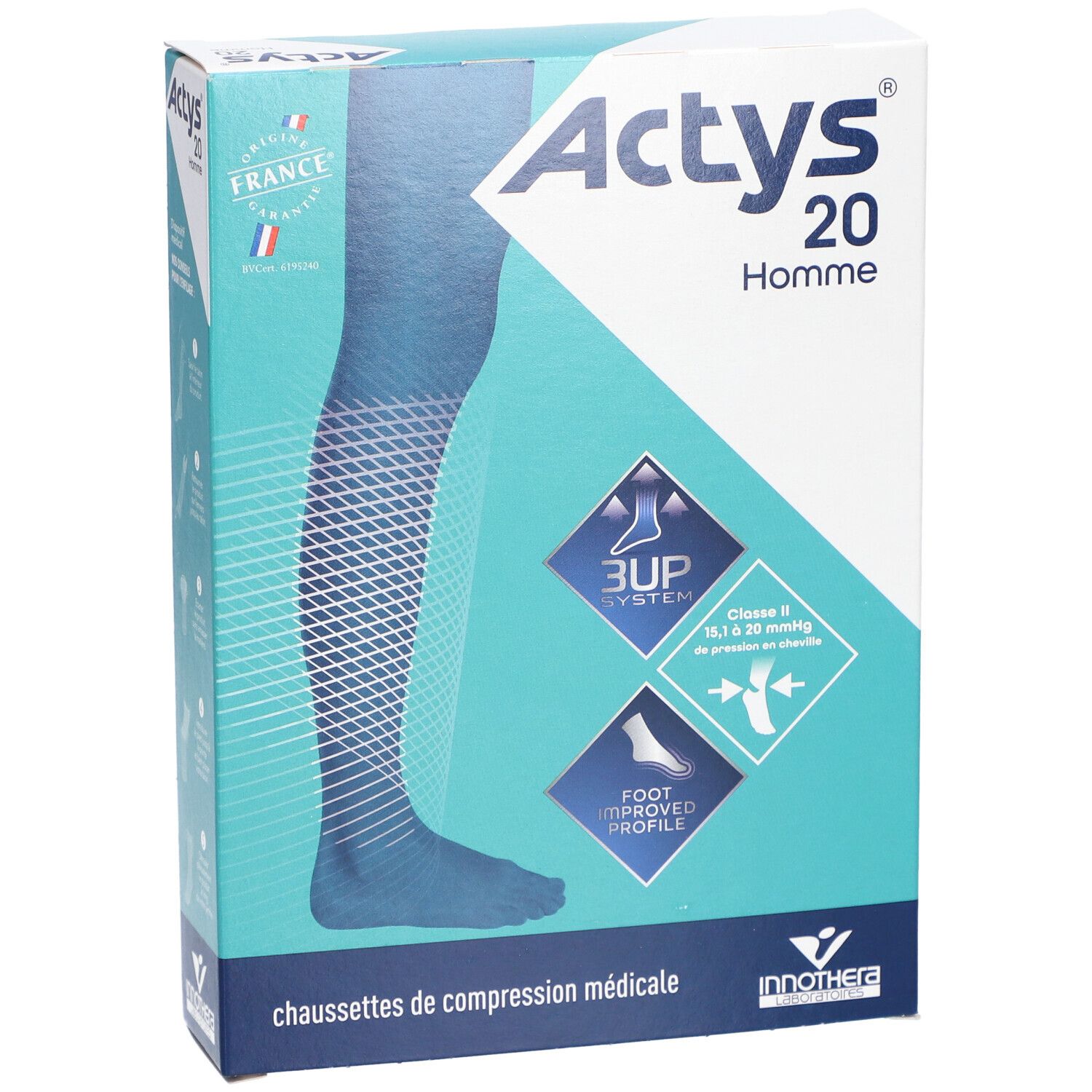 ACTYS 20 PLUS HOMME  - Chaussette médicale de compression, classe 2, pour homme, mollet fo