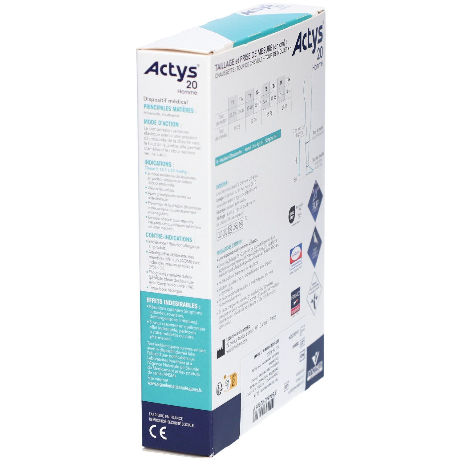 Côté de la boîte Actys 20 Homme. Informations produit, tableau des tailles, logos et certifications.