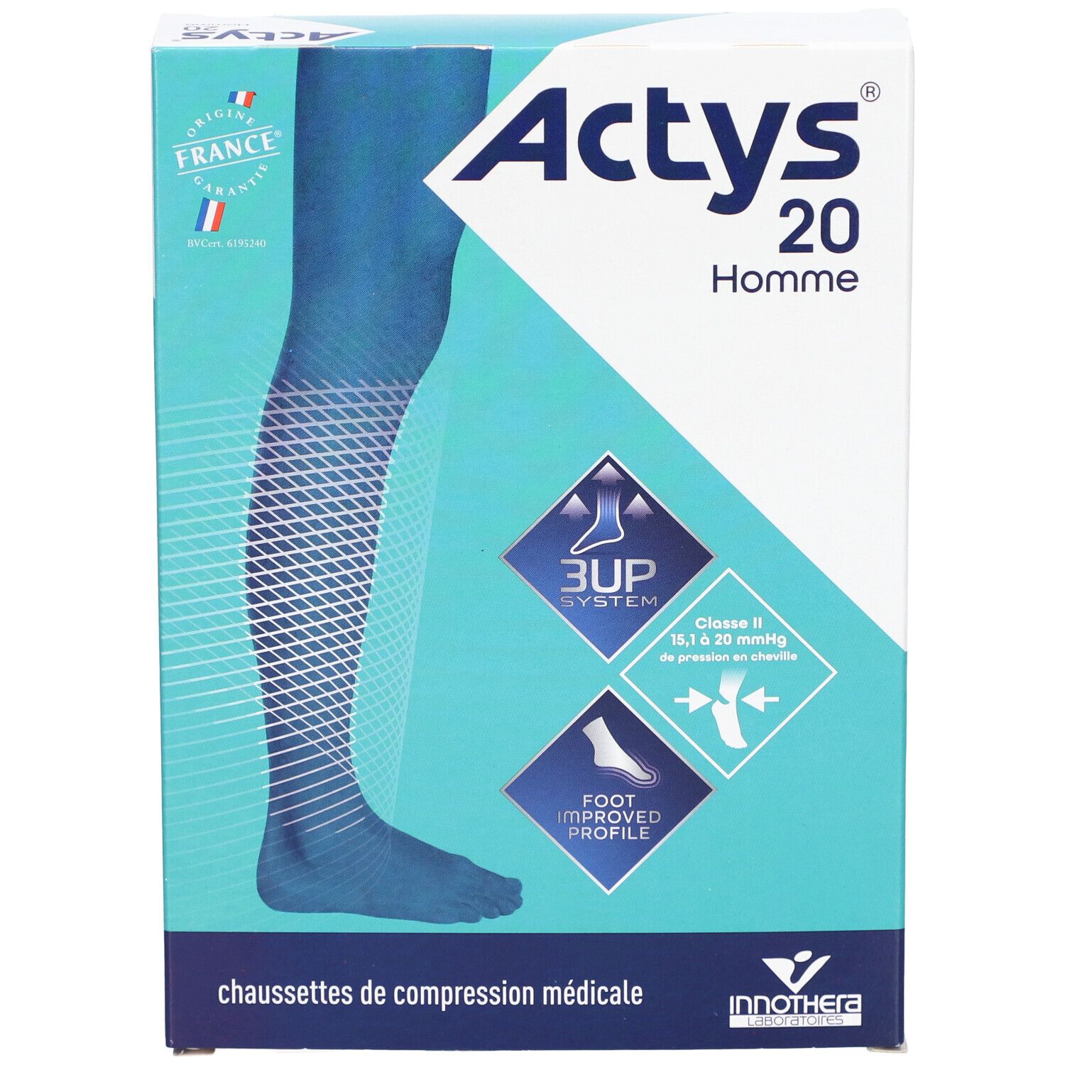 Boîte Actys 20 Homme. Illustration d'une jambe. Informations produit et logos.