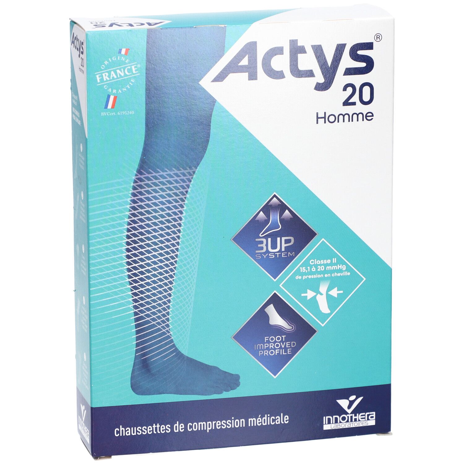 Boîte Actys 20 Homme. Illustration d'une jambe. Informations produit et logos.