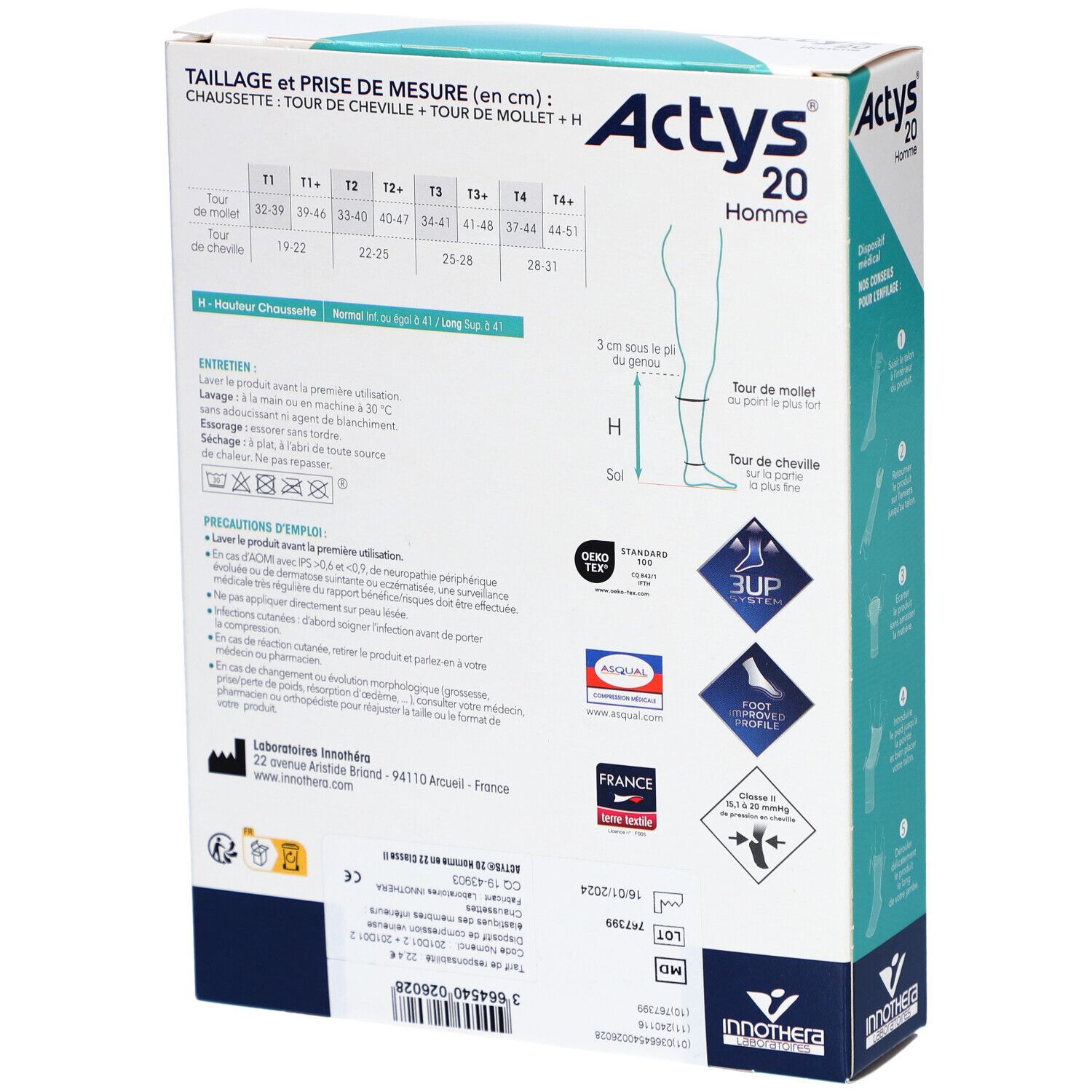 Dos de la boîte de chaussettes de compression ACTYS 20 HOMME. Tableau des tailles et instructions d'entretien. Texte: Classe II, 15,1 à 20 mmHg.