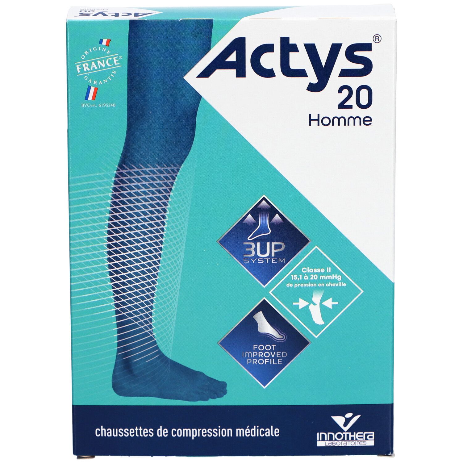 Boîte de chaussettes de compression ACTYS 20 HOMME. Socke bleue représentée. Texte: Classe II, 15,1 à 20 mmHg.