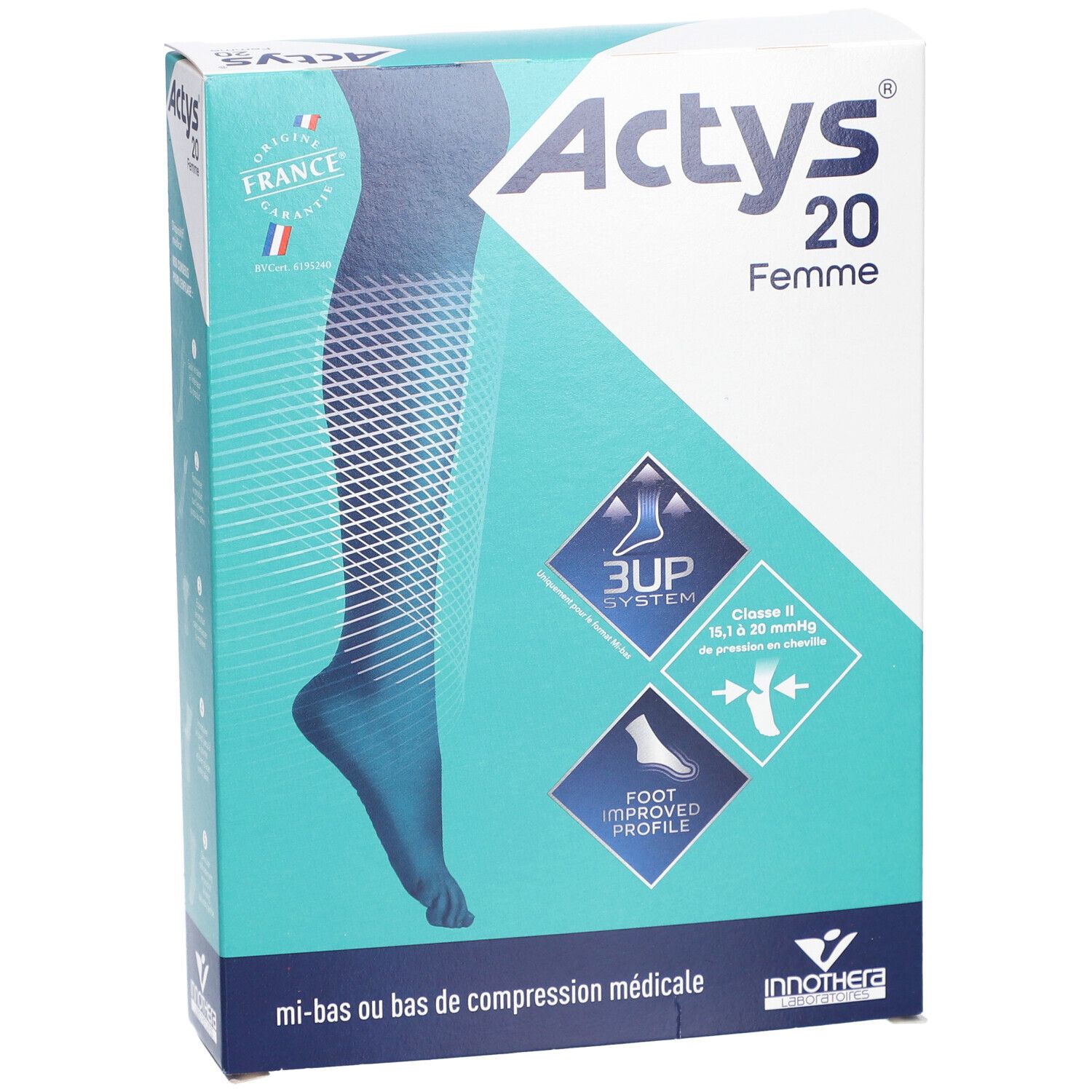 Boîte ACTYS 20 FEMME, bas de compression médicale classe 2. Design turquoise et blanc, illustration du produit, drapeau français.