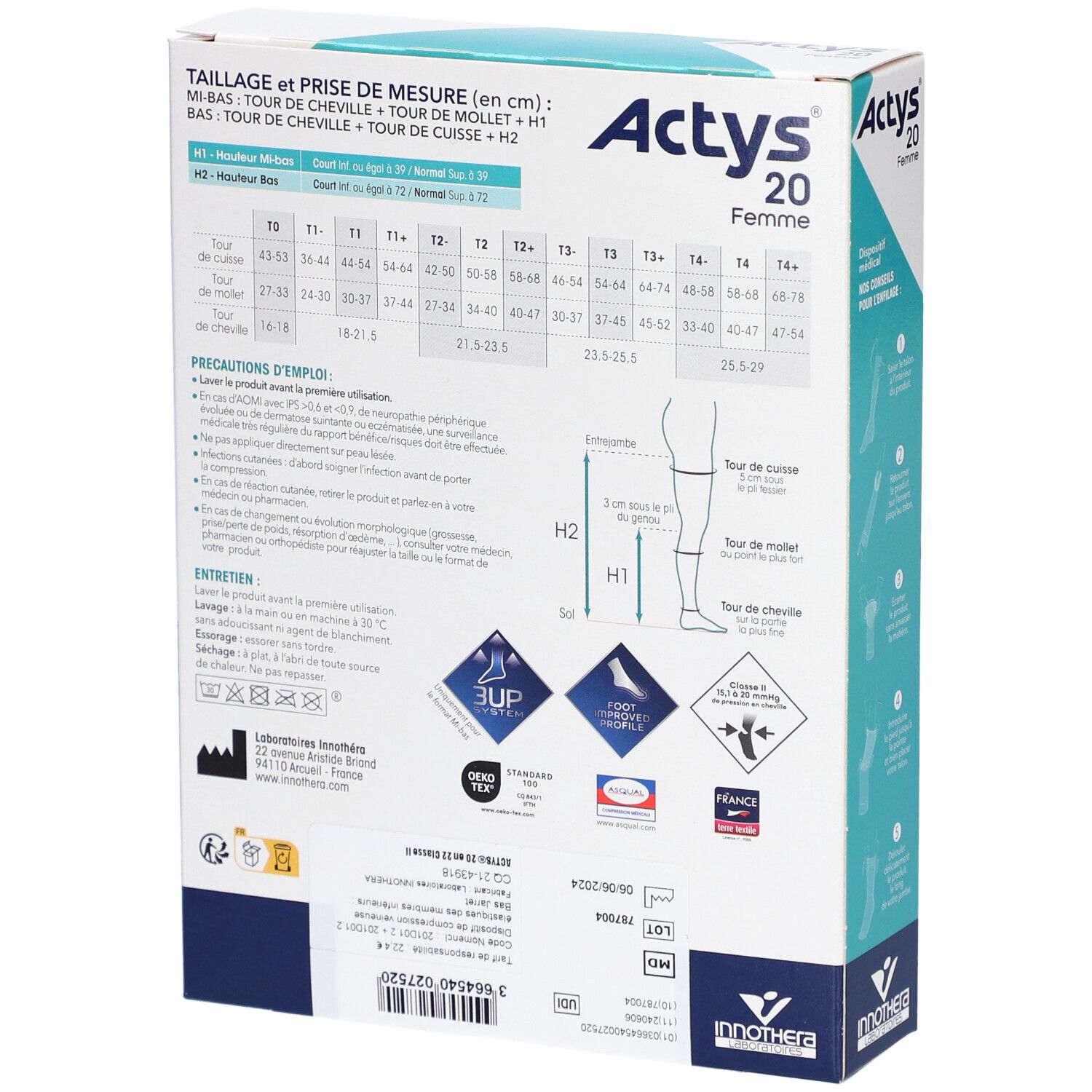 Dos de la boîte Actys 20 Femme. Contient tableau des tailles, instructions d'utilisation et informations fabricant.