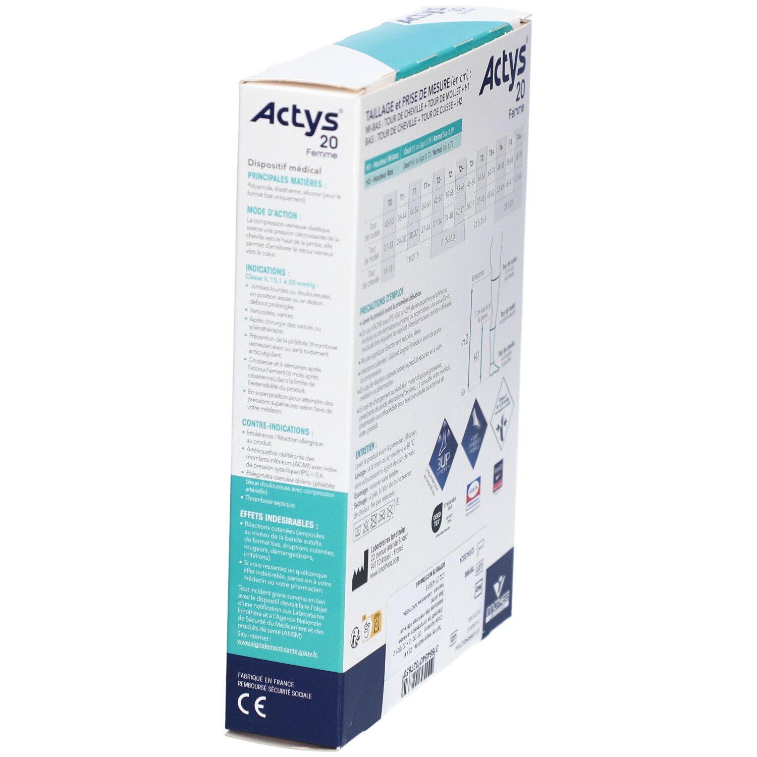 Vue latérale de la boîte Actys 20 Femme. Contient des informations et des logos.