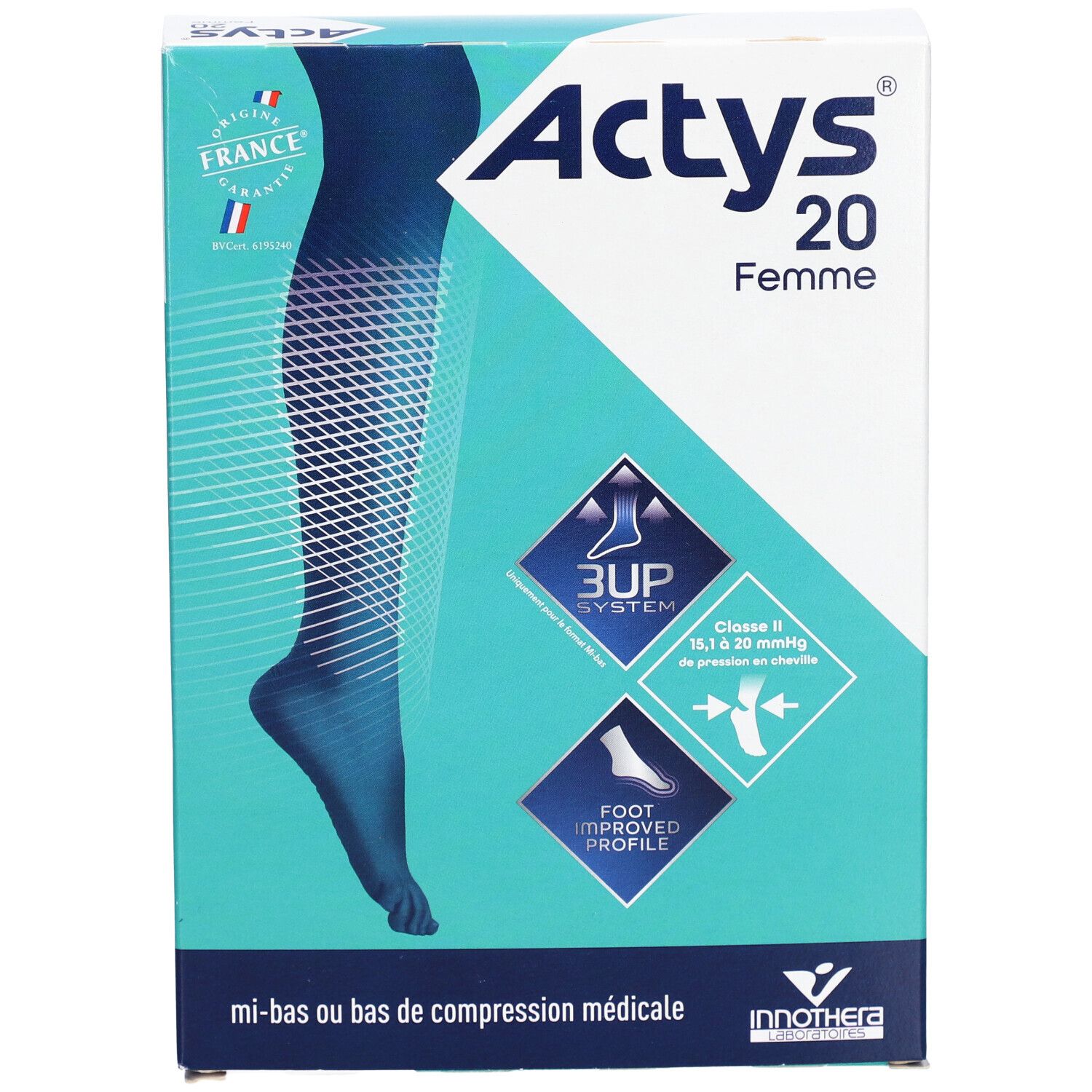 Vue de face de la boîte Actys 20 Femme. Design turquoise et blanc, illustration du produit et logos.
