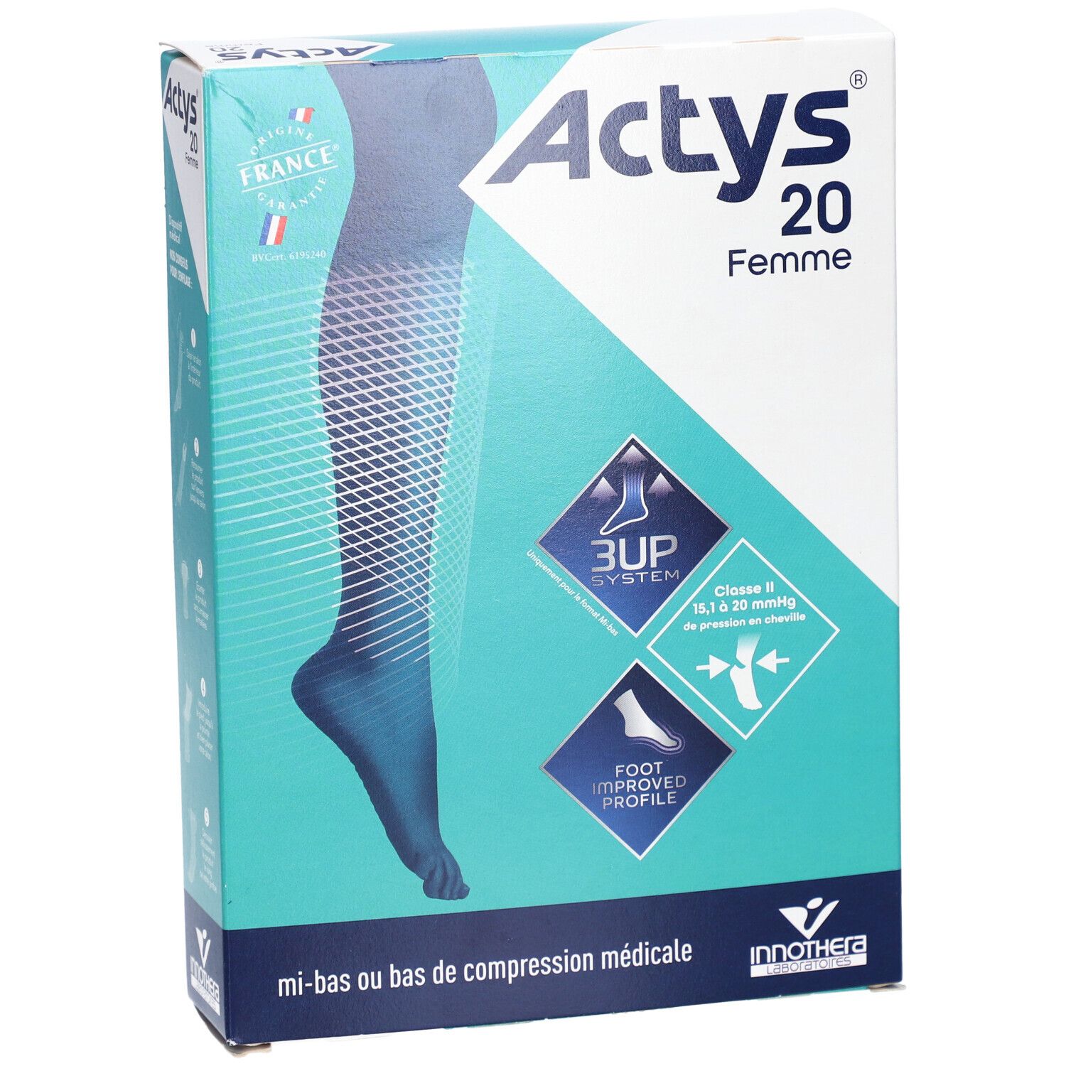 Vue en biais de la boîte Actys 20 Femme. Design turquoise et blanc, illustration du produit et logos.