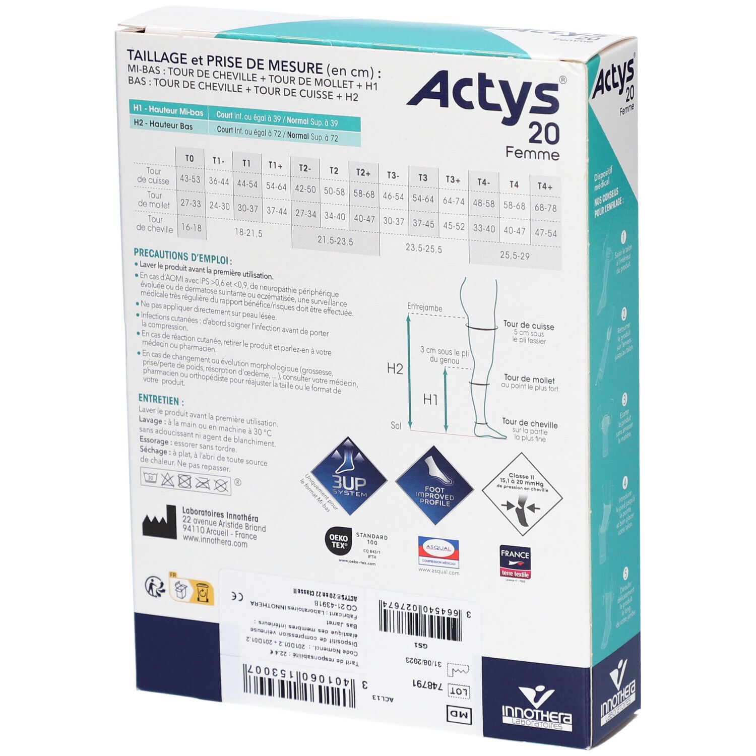 Dos de la boîte Actys 20 Femme. Informations de taille, détails du produit, logos et certifications.