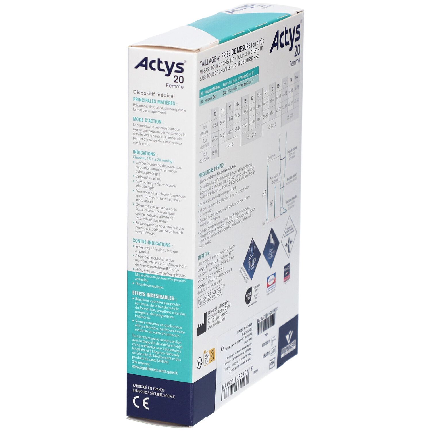 Boîte Actys 20 Femme en biais. Informations de taille, détails du produit, logos et certifications.