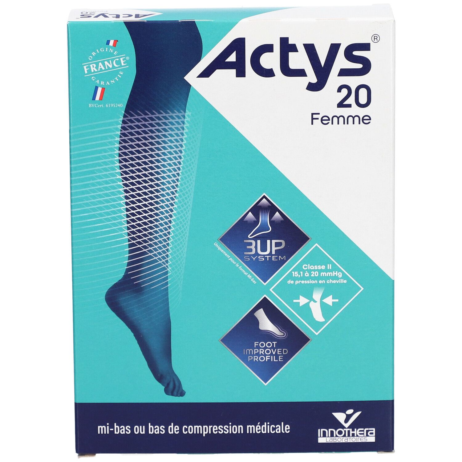 Boîte Actys 20 Femme, bas de compression médicale classe 2. Design turquoise et blanc, illustration du produit.
