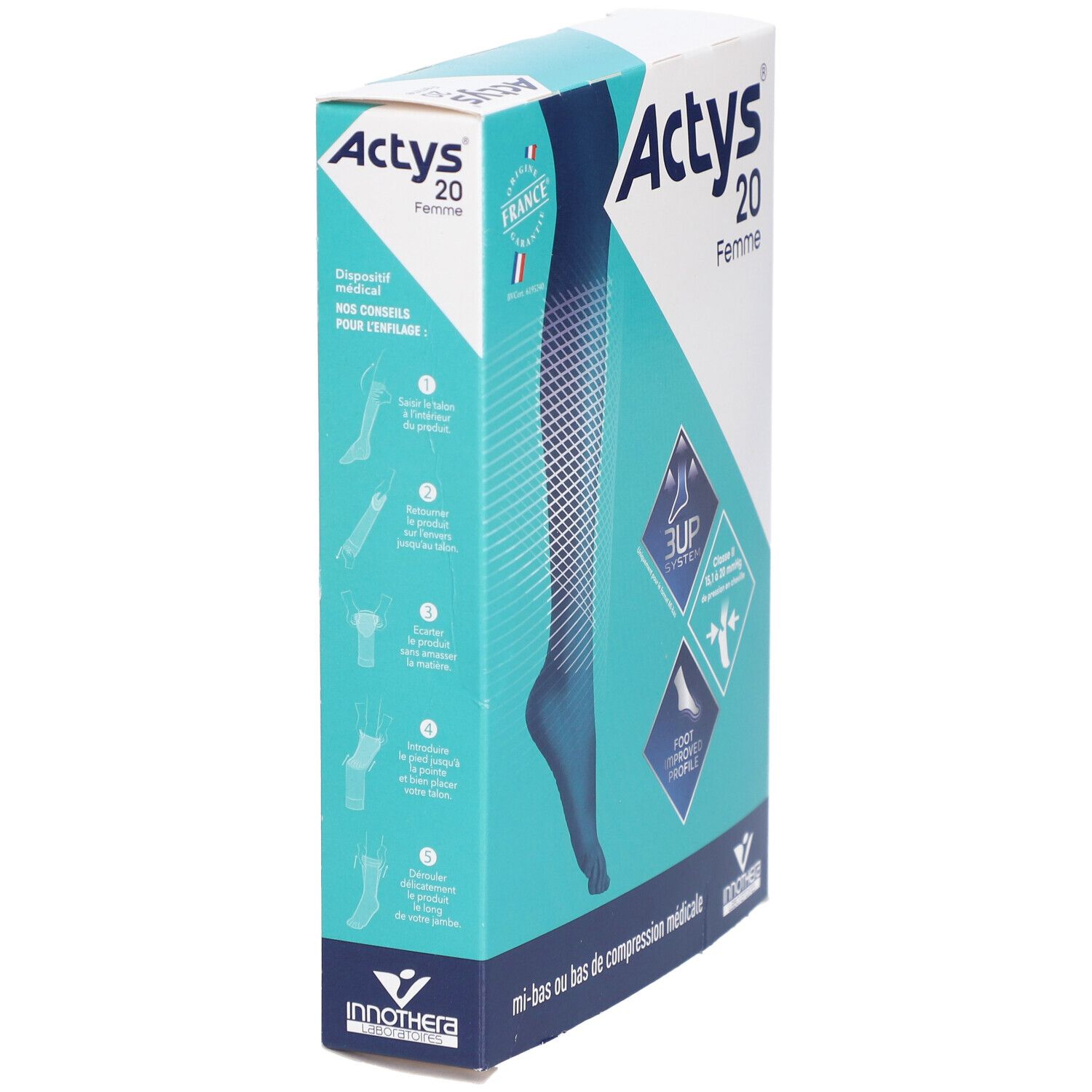 Boîte Actys 20 Femme en biais. Couleurs bleu et blanc. Texte: Actys 20 Femme, mi-bas ou bas de compression médicale.