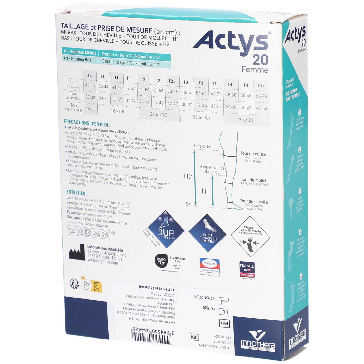 Dos de la boîte Actys 20 Femme. Contient des tableaux et des informations. Texte: Actys 20 Femme, mi-bas ou bas de compression médicale.