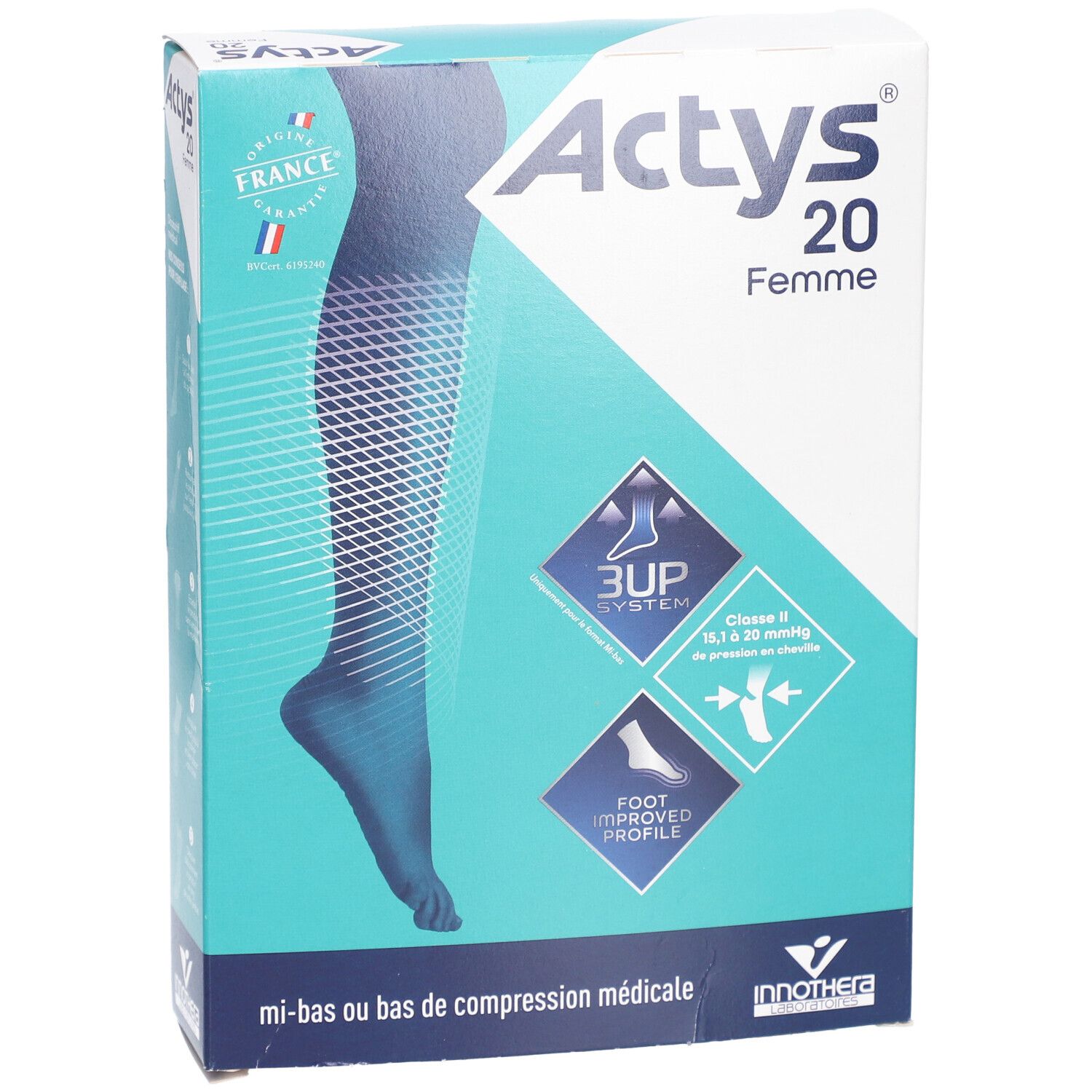 Boîte Actys 20 Femme. Fond bleu avec illustration du produit. Texte: Actys 20 Femme, mi-bas ou bas de compression médicale.