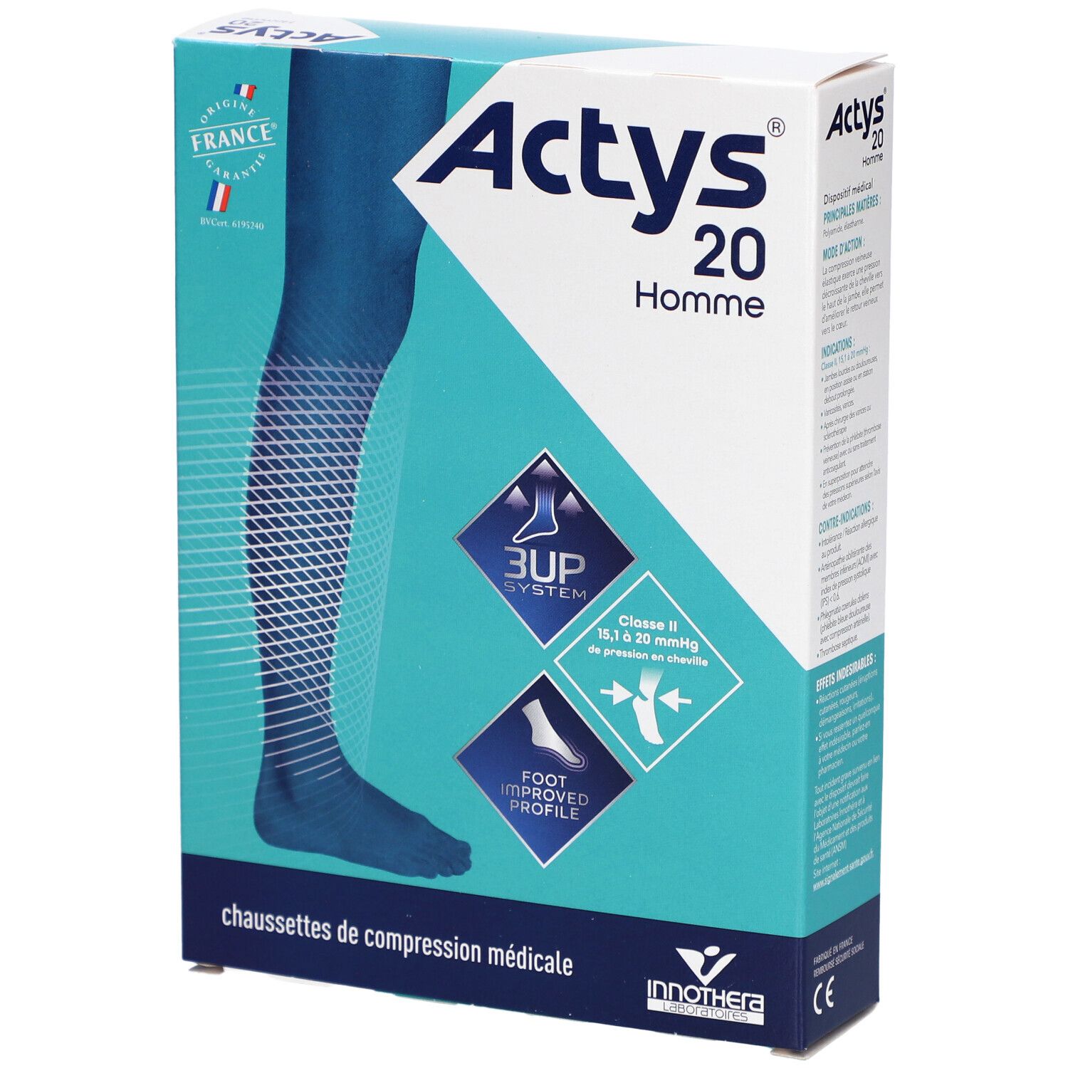 Boîte Actys 20 Homme, chaussettes de compression médicale. Design turquoise et blanc. Visuel du produit et logos. Drapeau français.