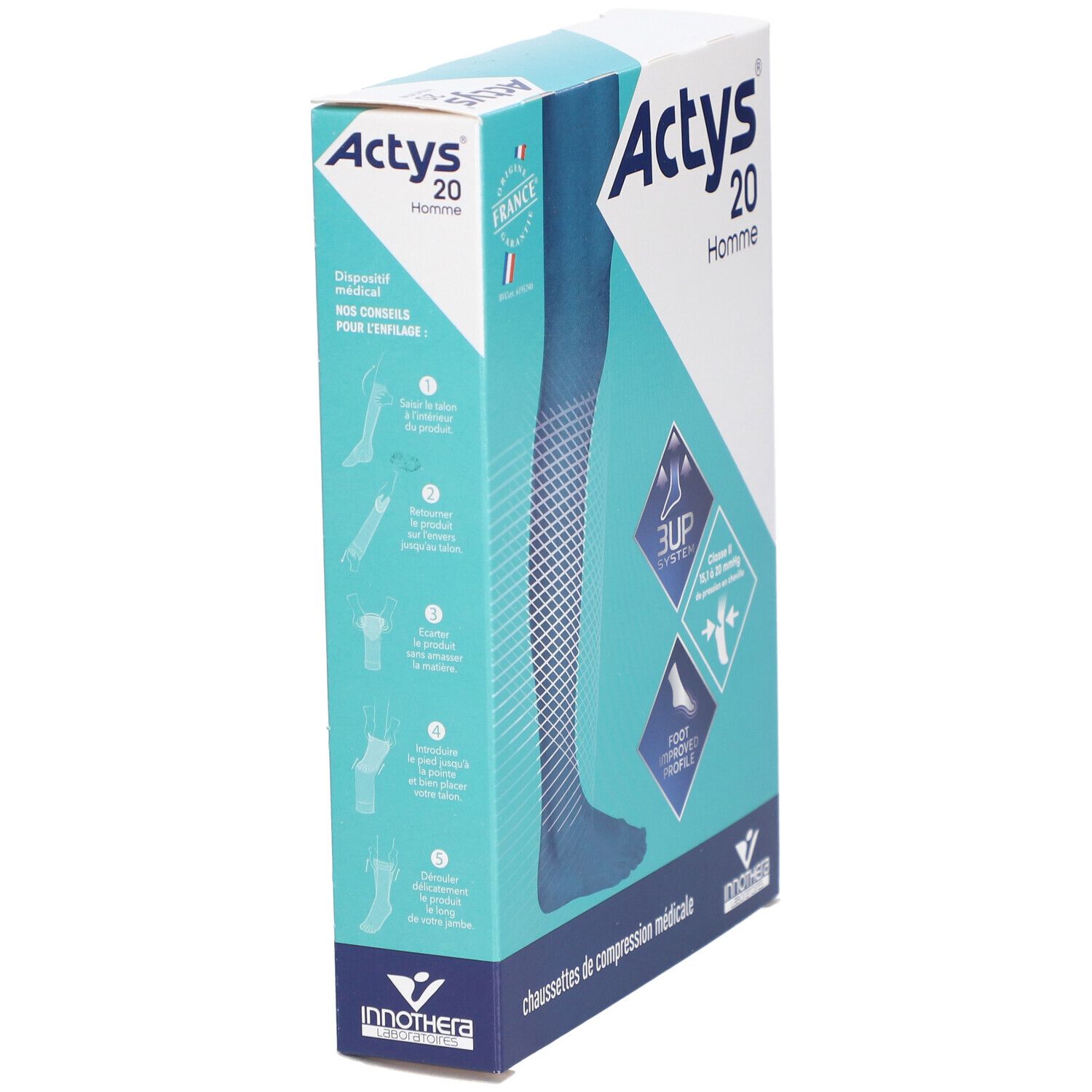 Vue en biais de la boîte Actys 20 Homme. Design turquoise et blanc avec visuel et logos. Drapeau français.