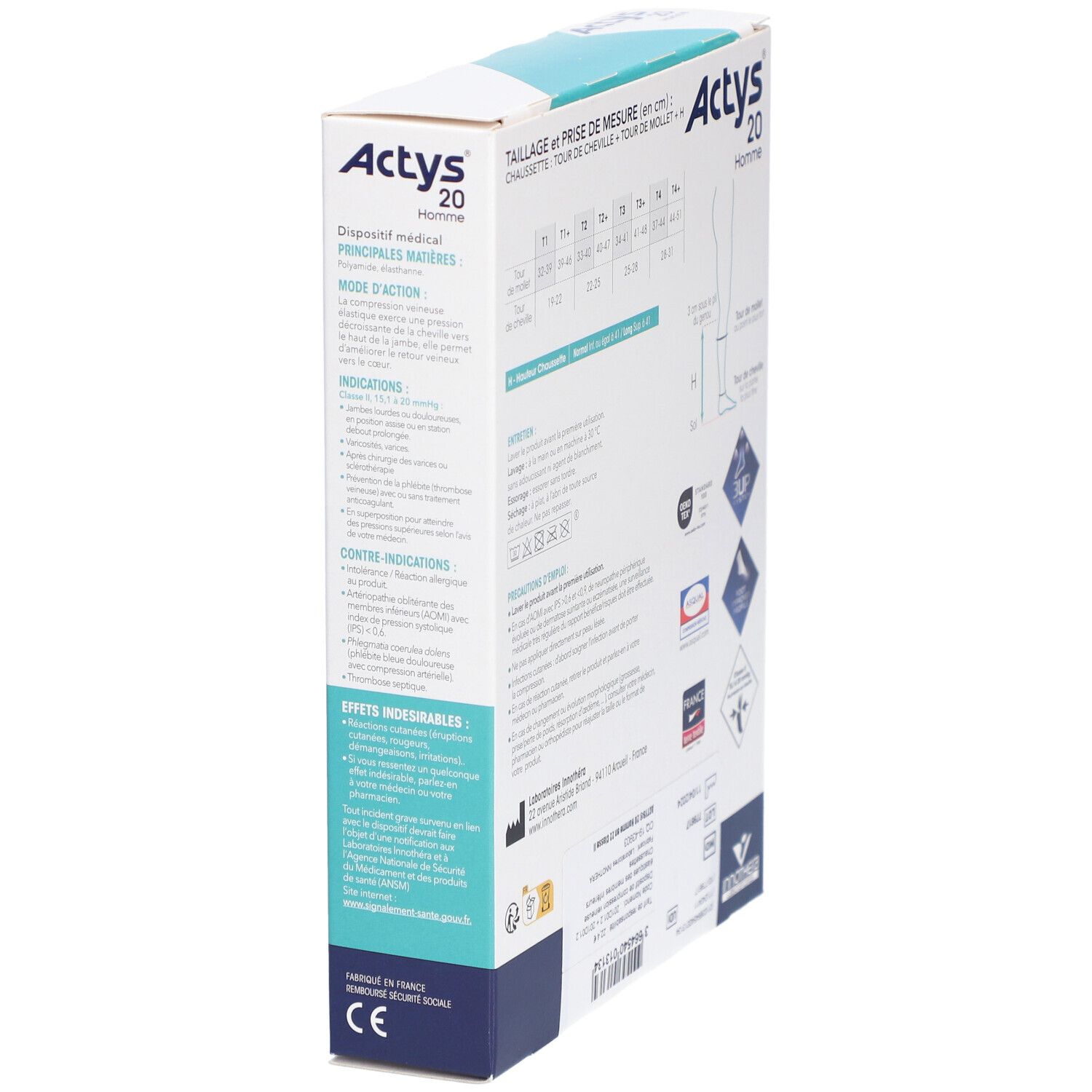 Vue en biais du dos de la boîte Actys 20 Homme. Contient tableau des tailles, informations produit et logos.