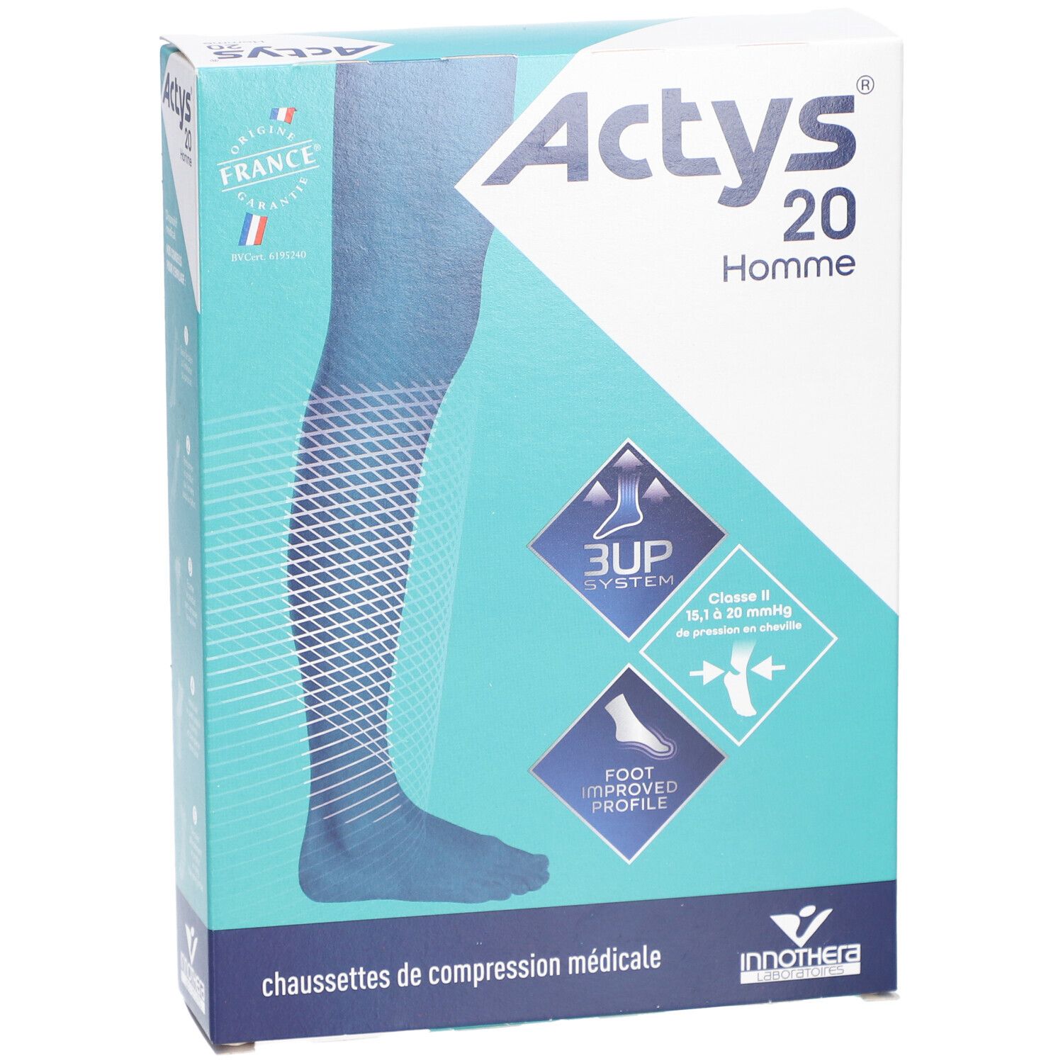 Face avant de la boîte Actys 20 Homme. Design turquoise et blanc avec visuel et logos. Drapeau français.