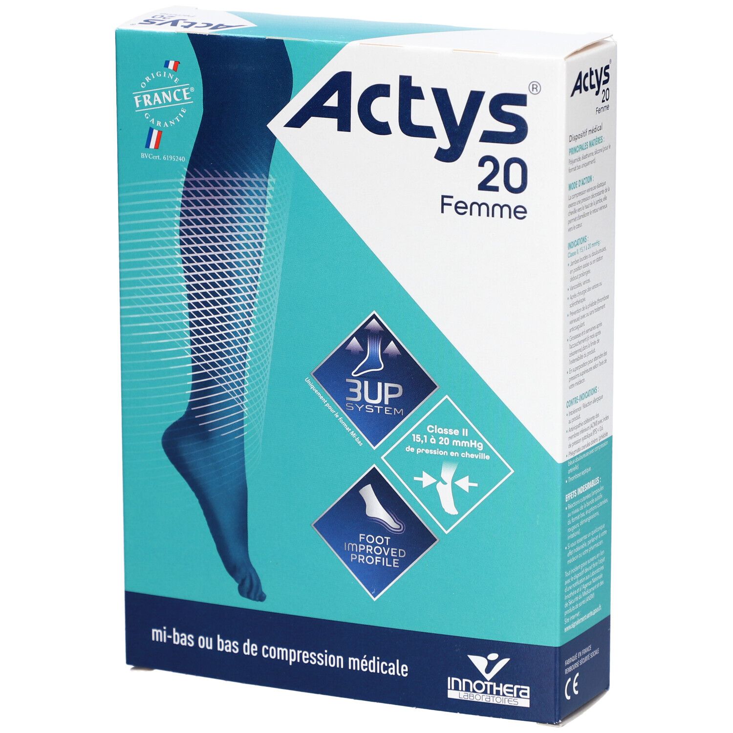Boîte Actys 20 Femme, bas de compression médical classe 2. Design turquoise et blanc avec illustration du produit.