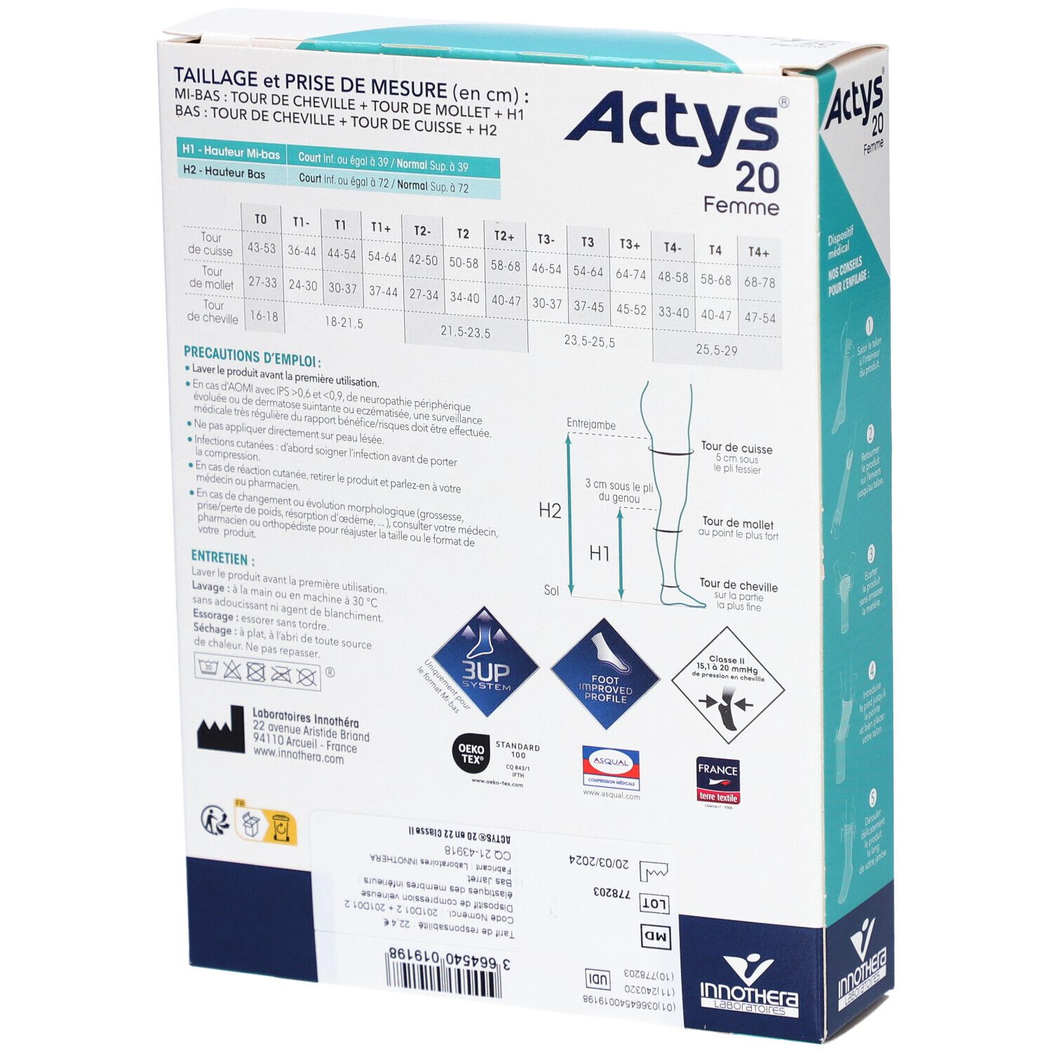 Dos de la boîte Actys 20 Femme. Tableau des tailles et instructions d'utilisation.