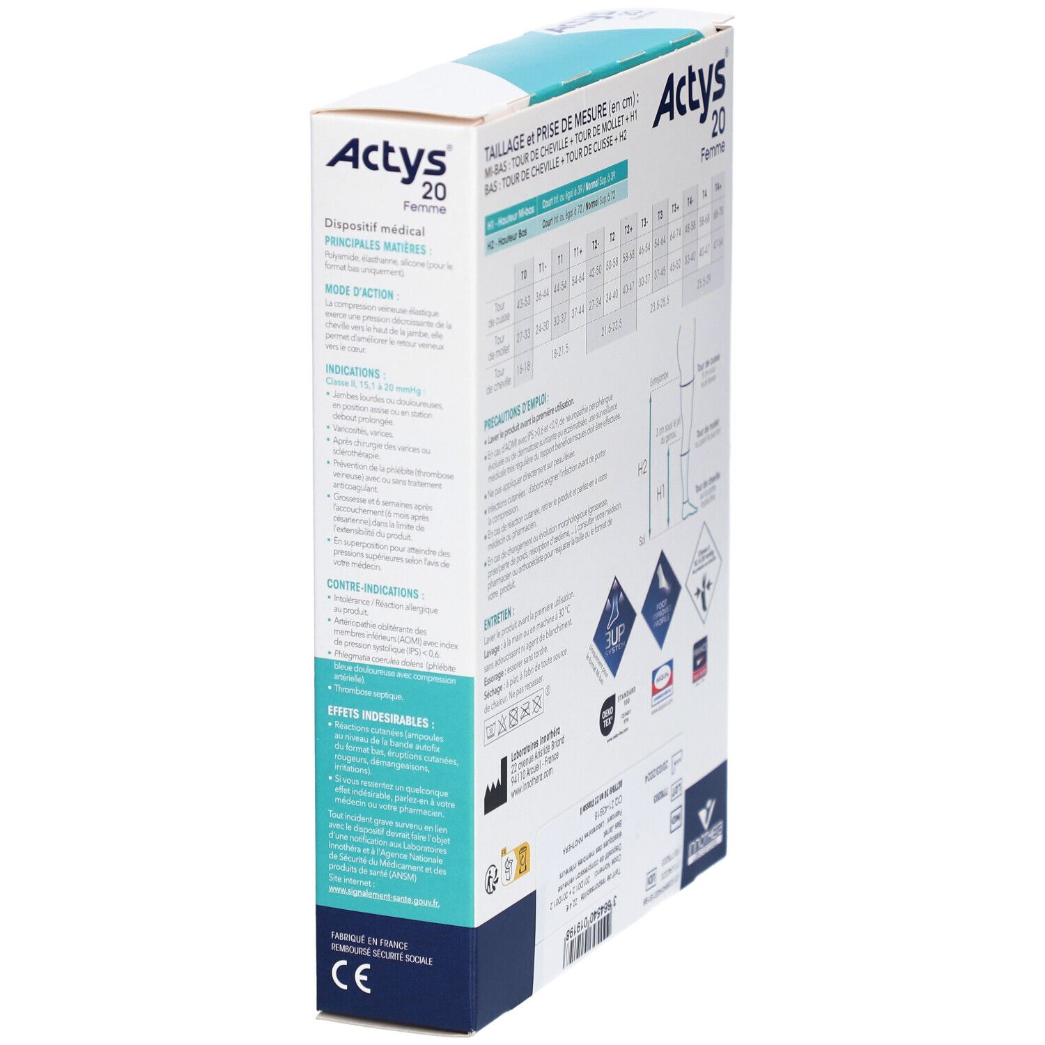 Vue latérale de la boîte Actys 20 Femme. Informations sur les indications et précautions.