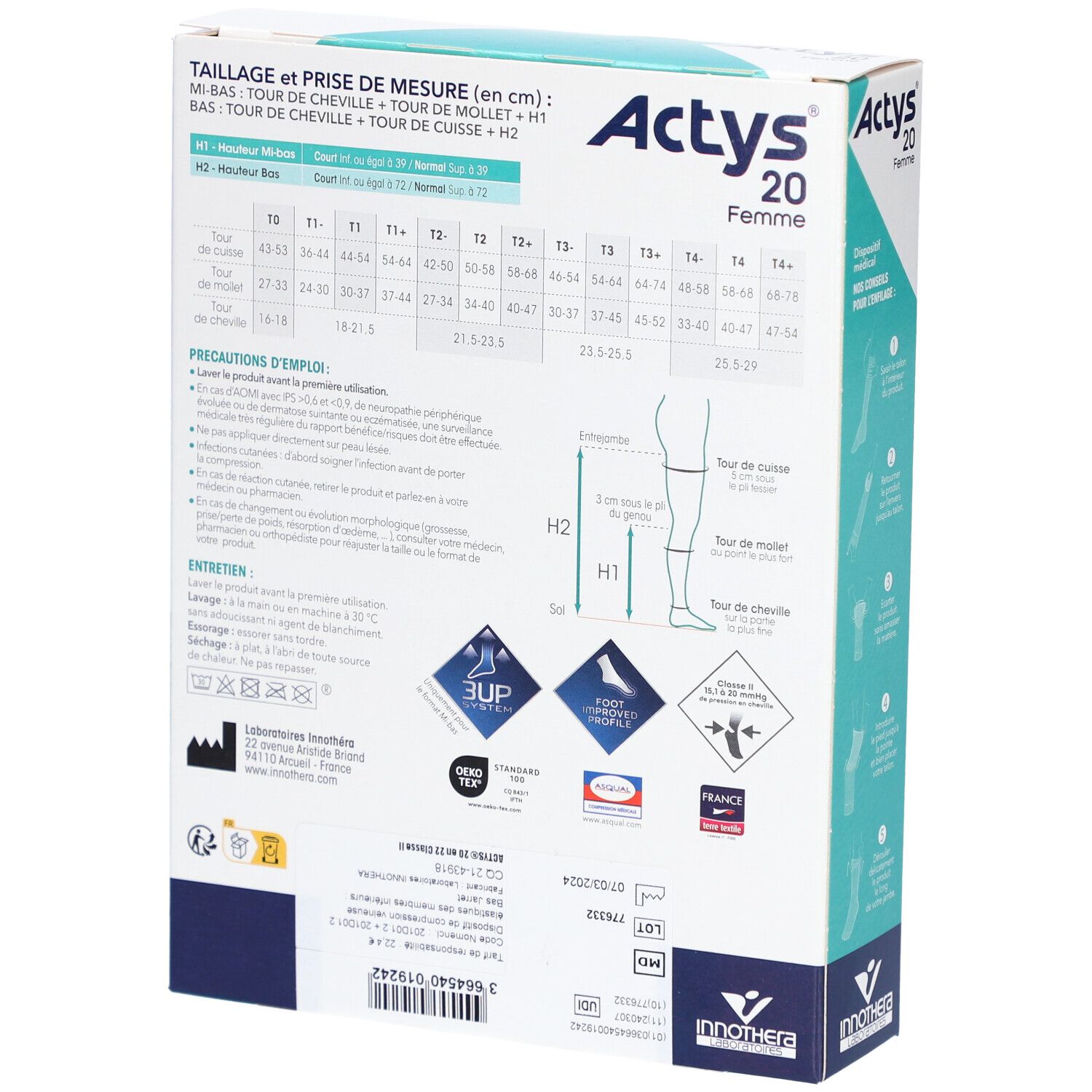 Dos de la boîte de bas de compression. Tableaux, informations produit et logos. Design turquoise et blanc.