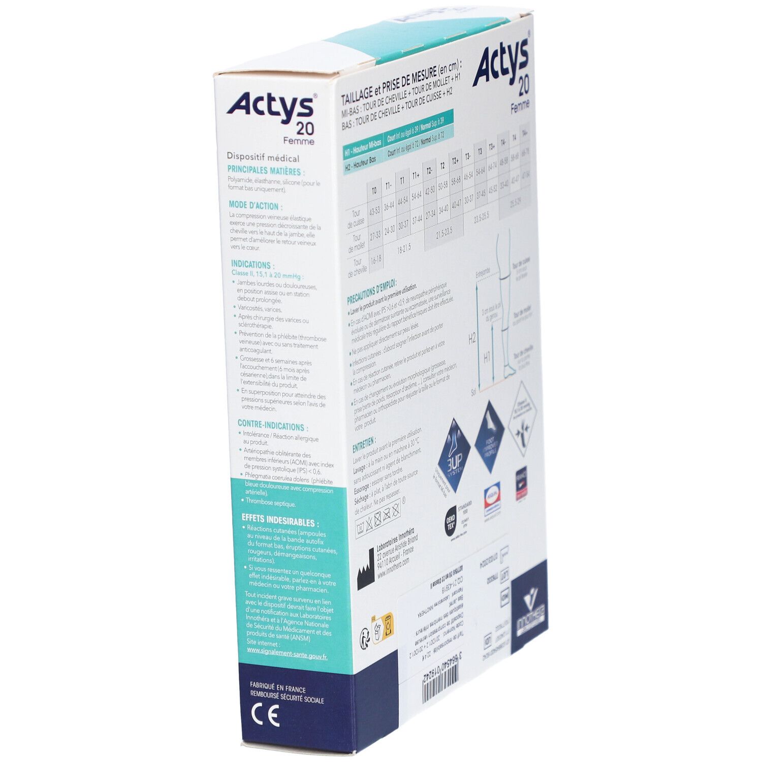 Vue latérale de la boîte de bas de compression. Informations produit, tableaux et logos. Design turquoise et blanc.