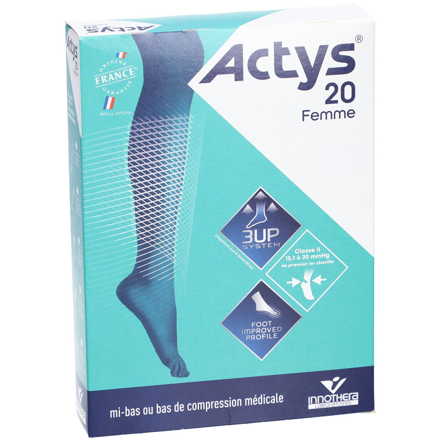 Boîte de mi-bas de compression médicale. Design turquoise et blanc. Illustration et informations.