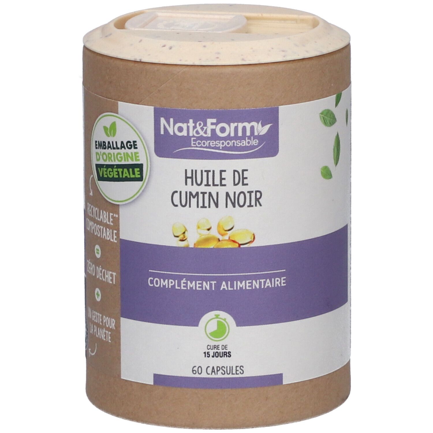 Boîte cylindrique "Huile de Cumin Noir" et "60 capsules". Emballage végétal, recyclable et compostable.