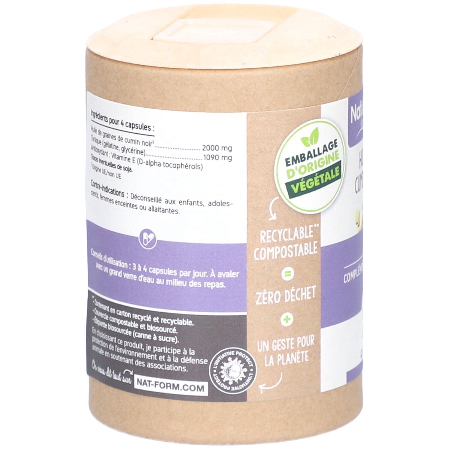 Dos de la boîte avec ingrédients et conseils d'utilisation. Emballage végétal, recyclable et compostable, zéro déchet.