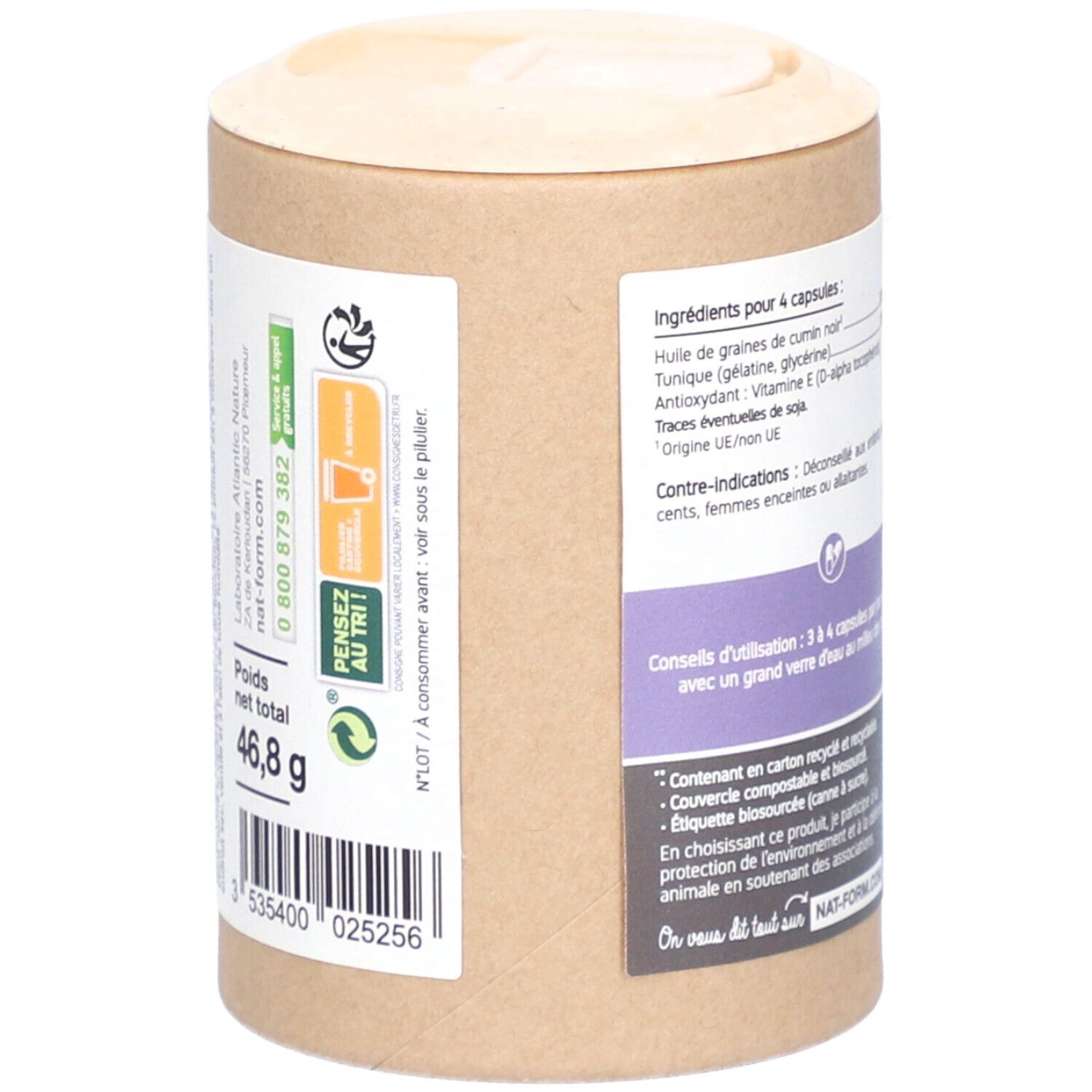 Dos de la boîte avec ingrédients et informations. Poids net total 46,8 g. Emballage d'origine végétale.