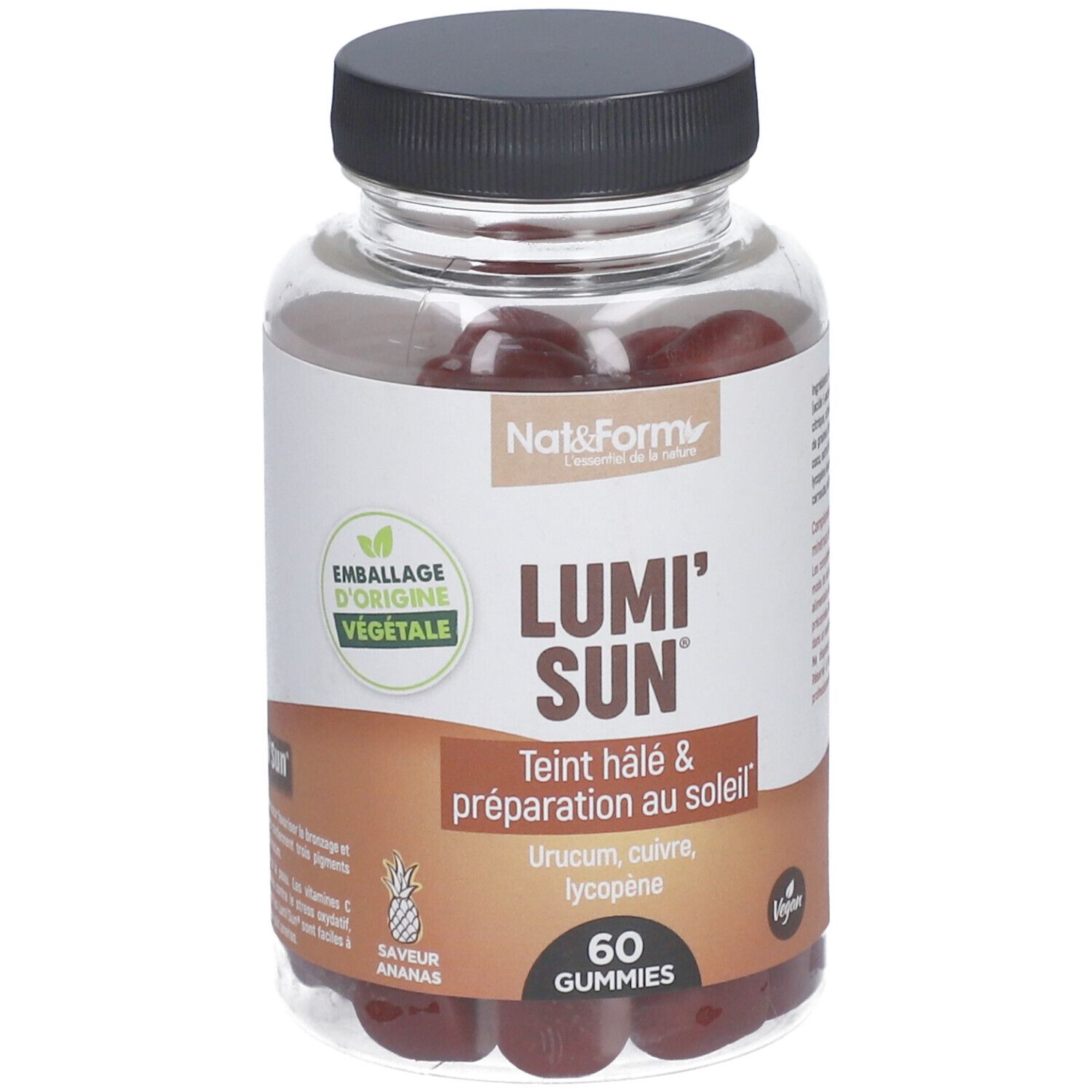 Flacon transparent avec gummies. Inscription Lumi' Sun, 60 gummies. Vegan.
