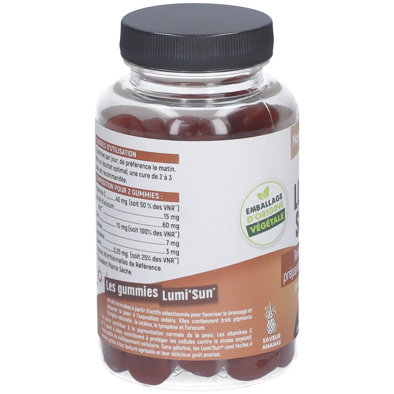 Dos du flacon. Liste des ingrédients et conseils d'utilisation. Inscription : Gummies Lumi' Sun. Vegan.