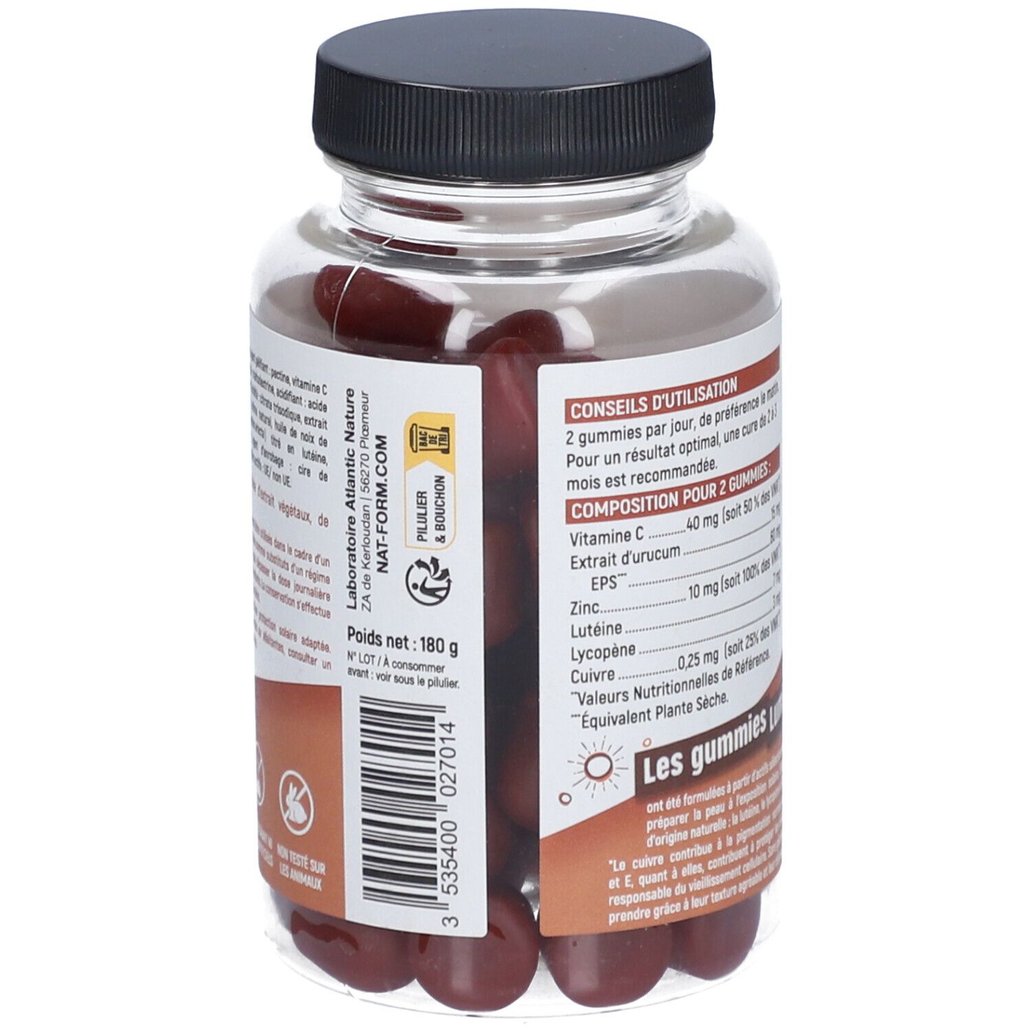 Vue arrière du flacon. Liste des ingrédients et informations nutritionnelles. Poids : 180 g. Vegan.